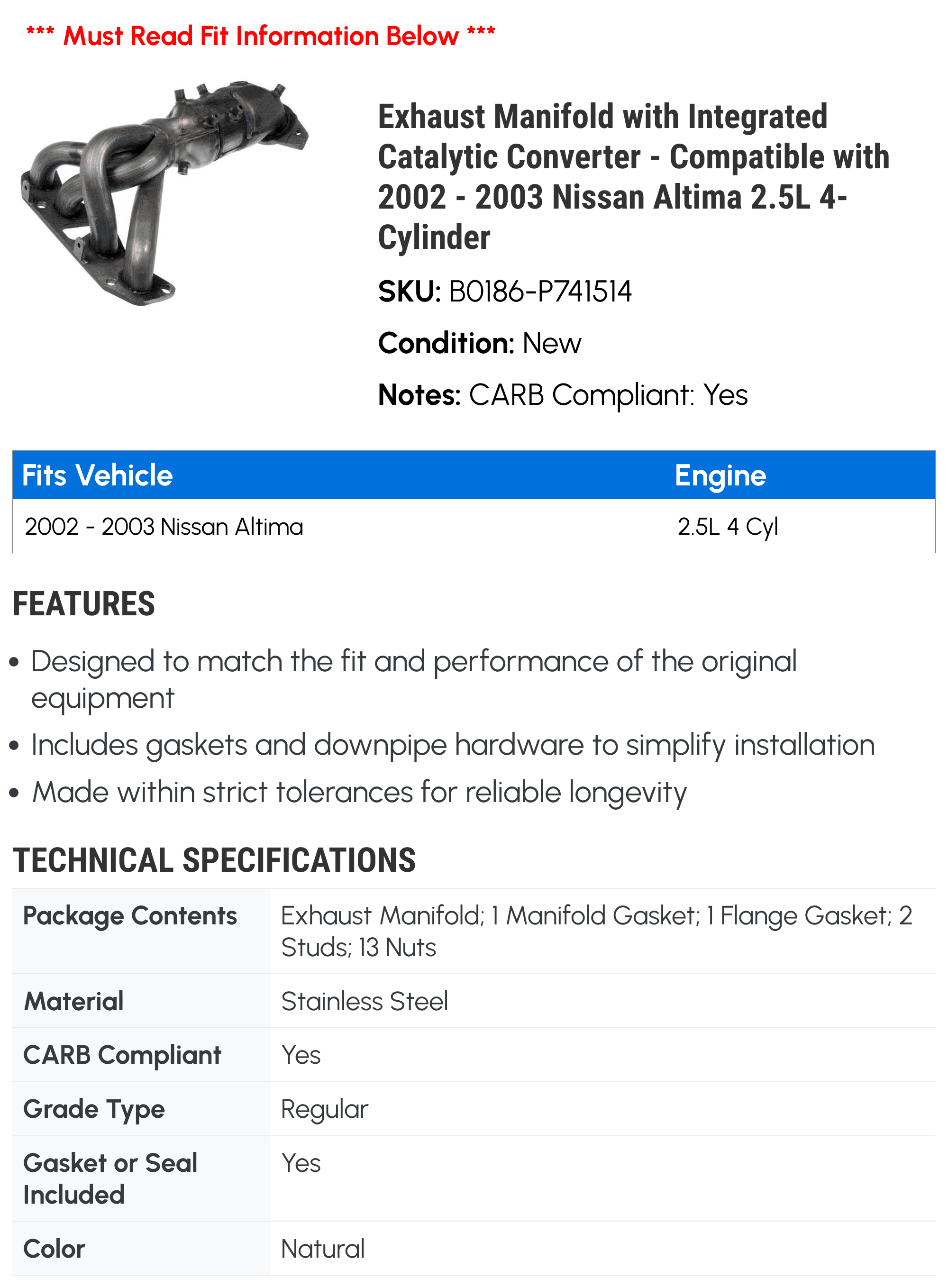 Exhaust Manifold with Integrated Catalytic Converter - Compatible with 2002 - 2003 Nissan Altima 2.5L 4-Cylinder