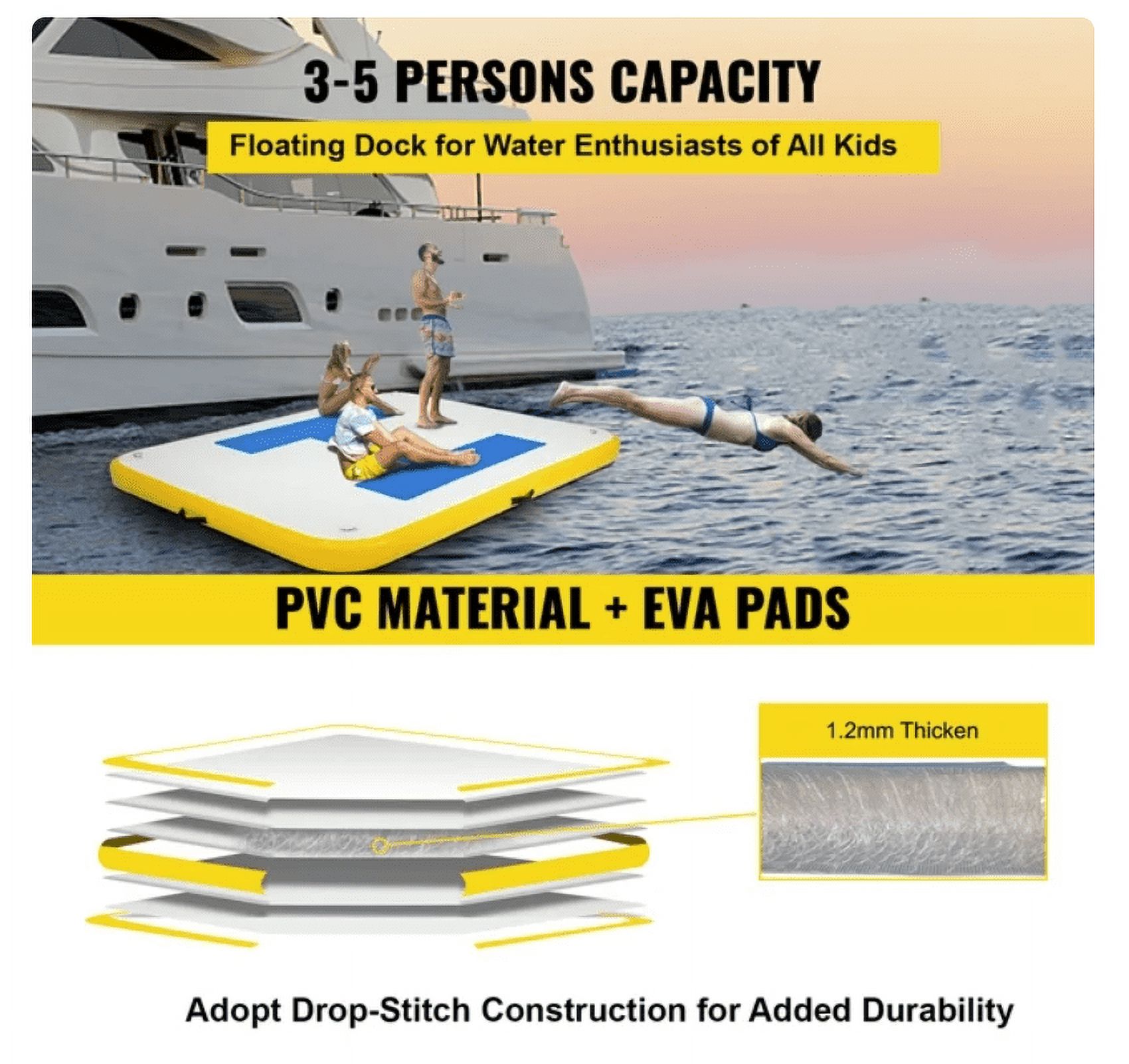 Open Box VEVOR Inflatable Floating Dock 6x5 ft w/ Electric Air Pump - WHITE/YELLOW/BLUE