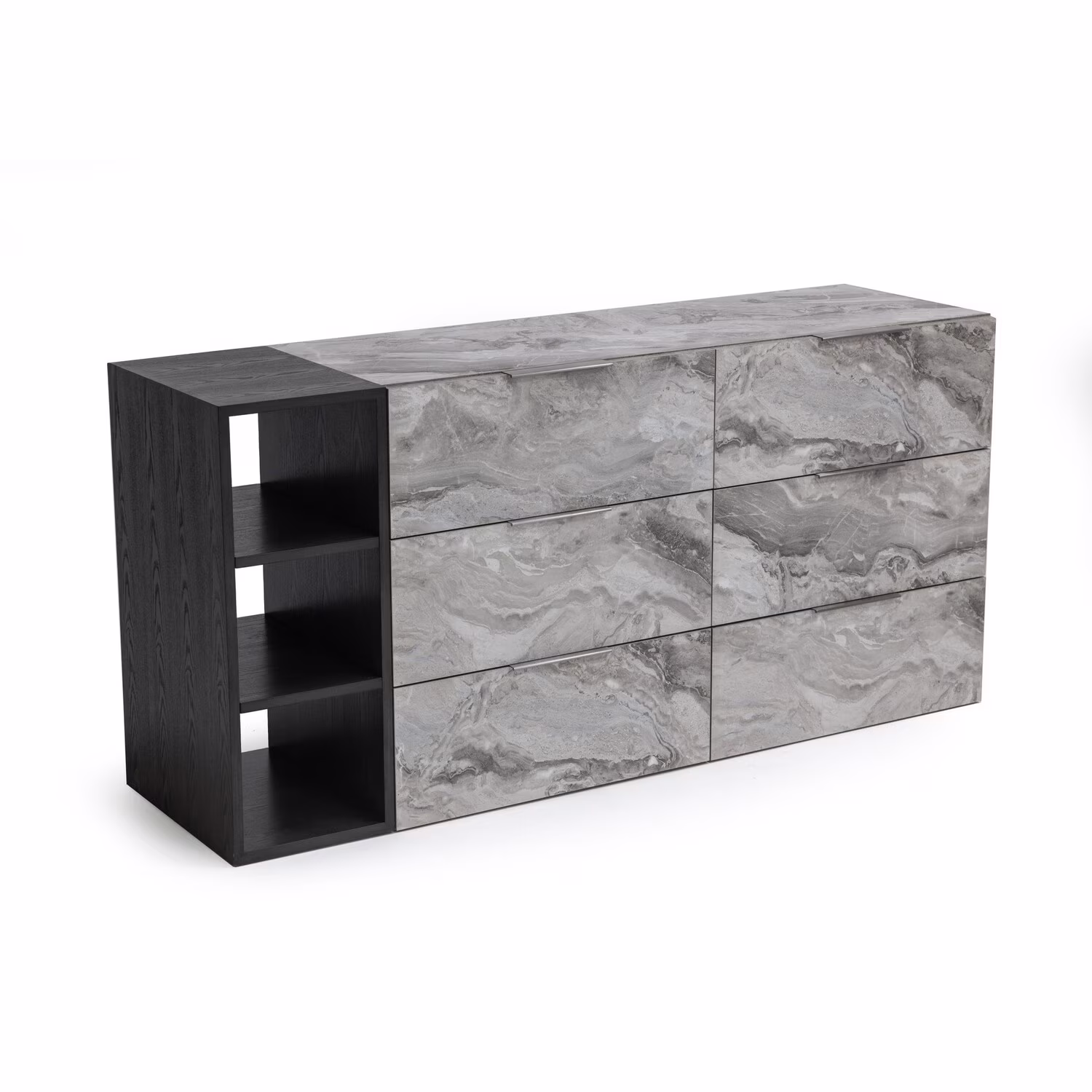 Benjara Noe Minn 63 Inch Dresser, 6 Gliding Drawers, Faux Marble Front, Smooth Gray