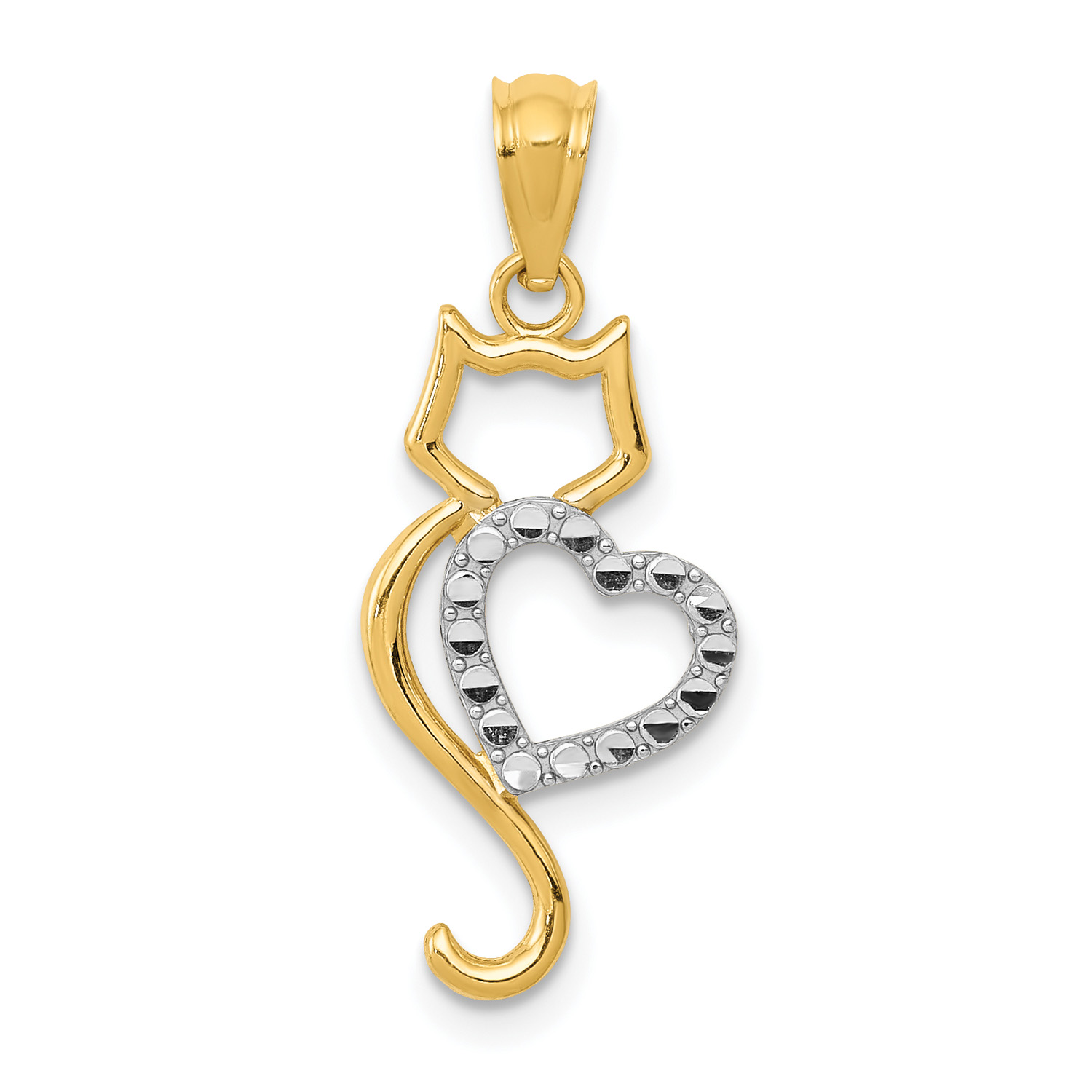 14K Two-Tone Gold Two-Tone Polished Cat With Heart Pendant With 14K Yellow Gold Light Weight Rope Chain 20
