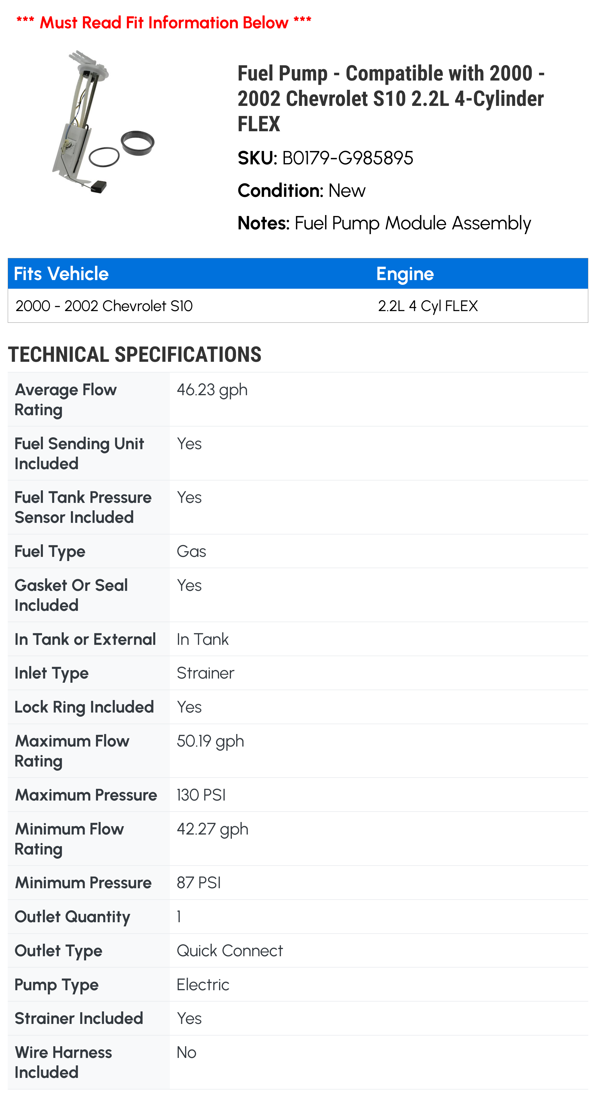 Fuel Pump - Compatible with 2000 - 2002 Chevy S10 2.2L 4-Cylinder FLEX 2001