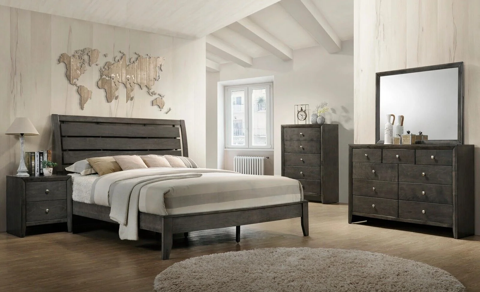 Contemporary Style King Size 6pc Bedroom Set Bed Dresser Mirror Nightstand Chest Wooden Furniture Gray Finish