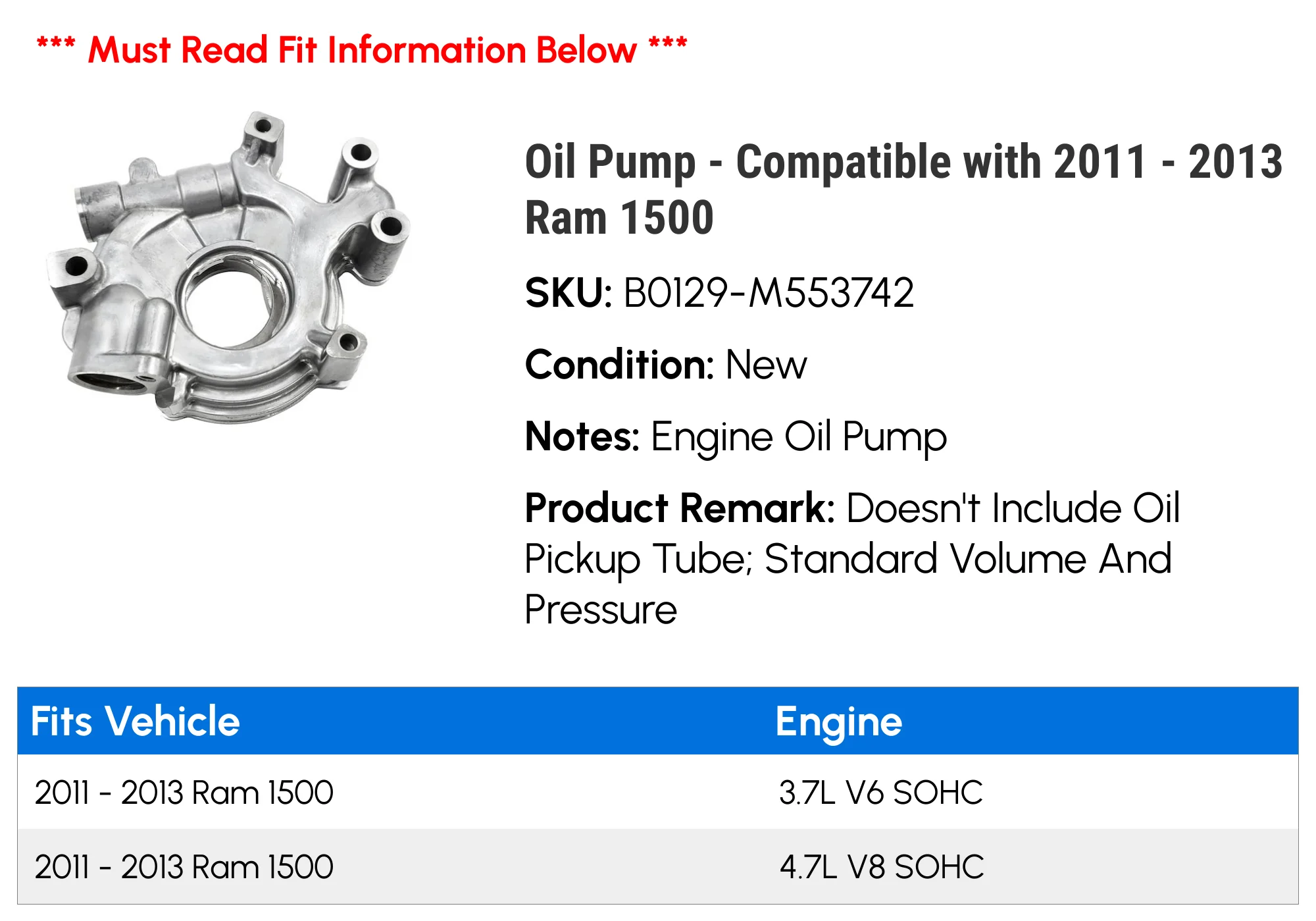 Pump - Compatible with 2011 - 2013 Ram 1500 2012
