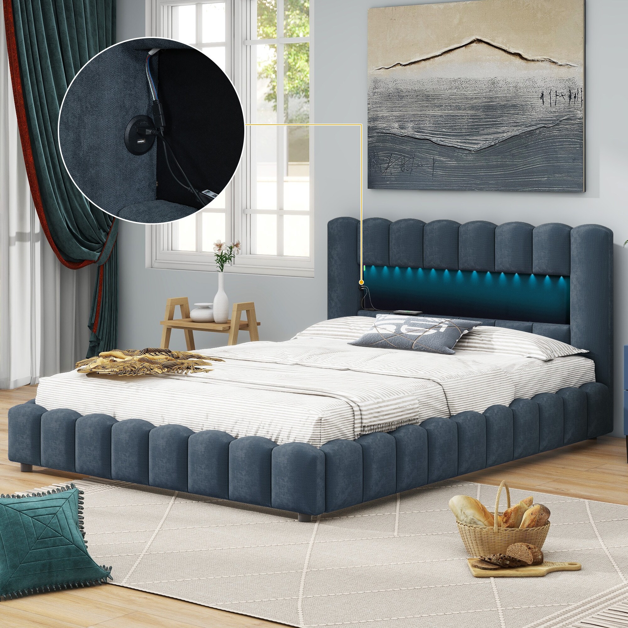 Queen Size Upholstered Platform Bed with LED Lights Headboard, Built-in Shelf, USB and Underneath Storage Blue - Queen