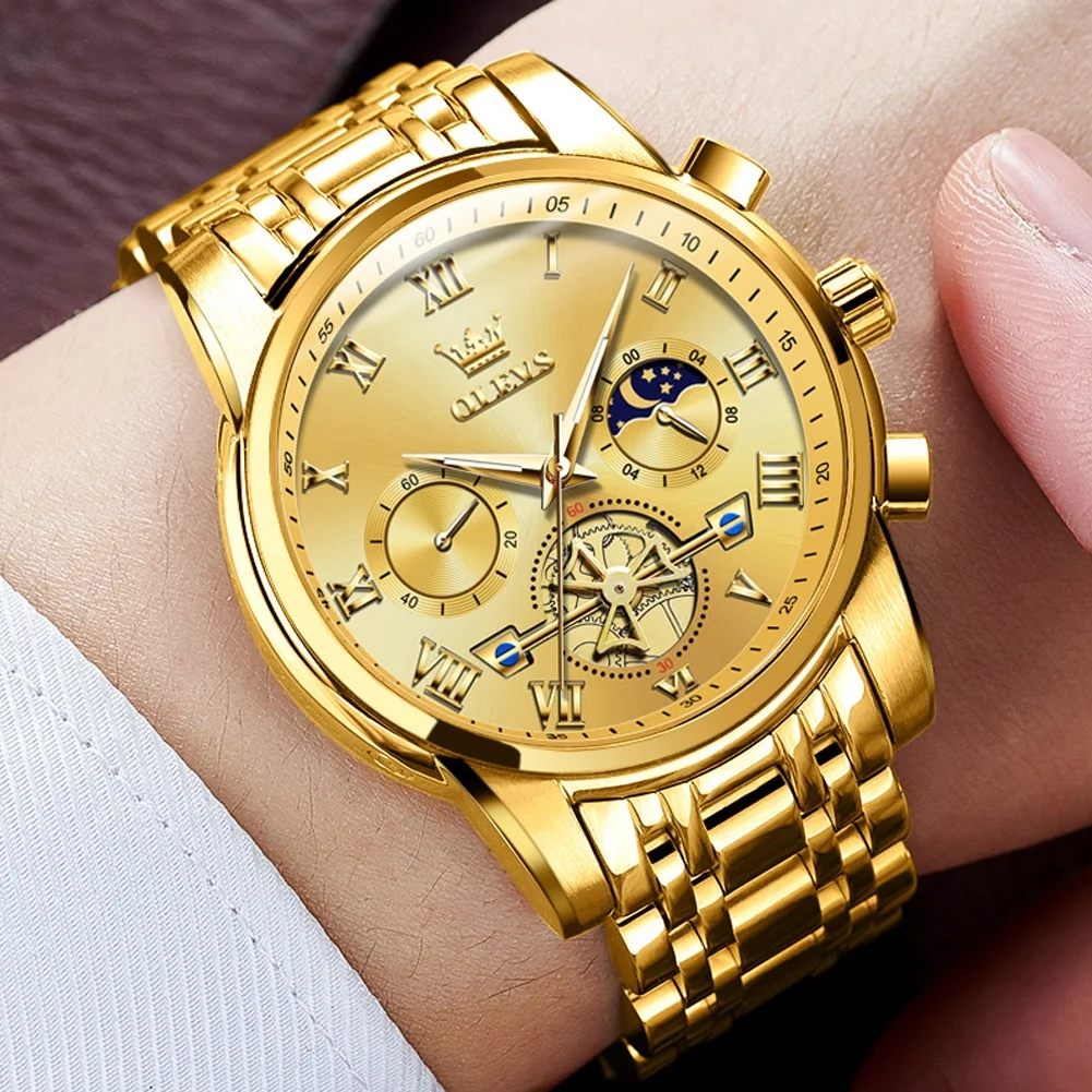 OLEVS Mens Watches Chronograph Business Dress Quartz Stainless Steel Waterproof Luminous Date Wrist Watch For Men Gold Dial