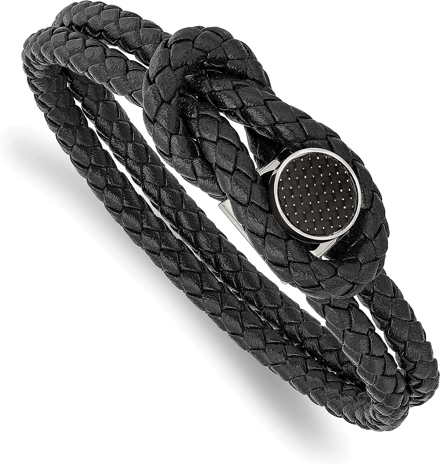 Chisel Stainless Steel Polished with Black Carbon Fiber Inlay Black Braided Leather Bracelet - 8.5