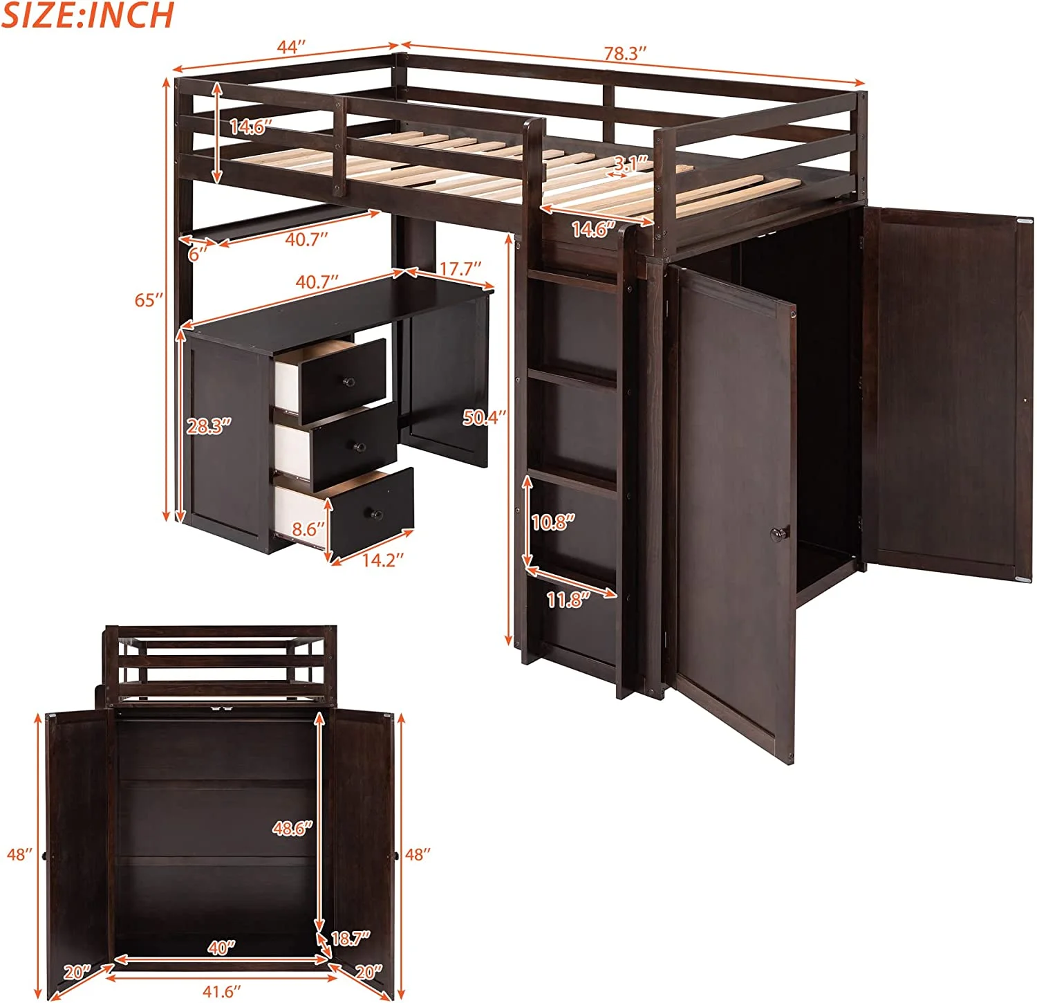 Loft Bed With Desk And Wardrobe, Solid Wood Loft Bed Frame With Storage Drawers, For Kids Teens Adults ( Size, Espresso)