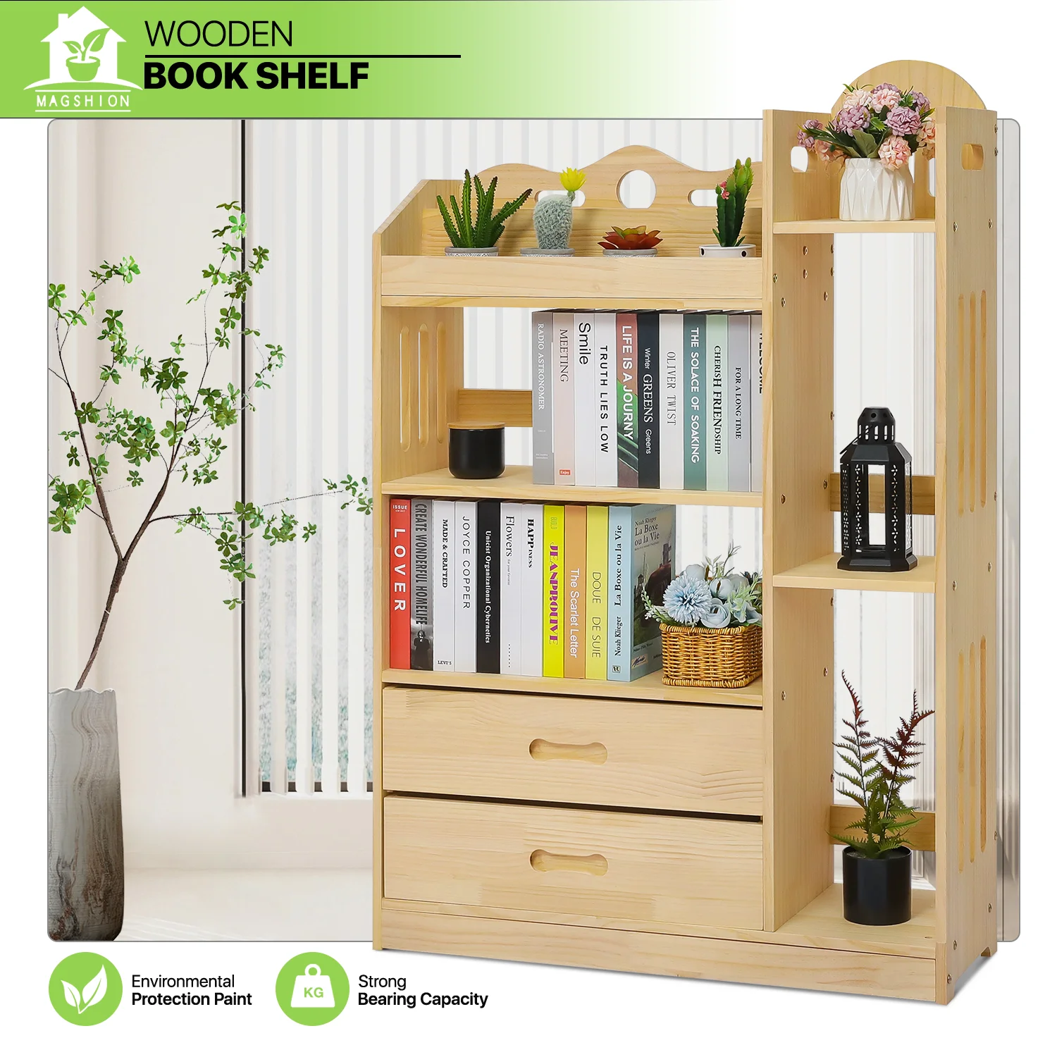 Magshion Wood 4 Tiers 2 Drawers Bookshelf, Toys Books Display Storage Bookcase, Natural, for Home