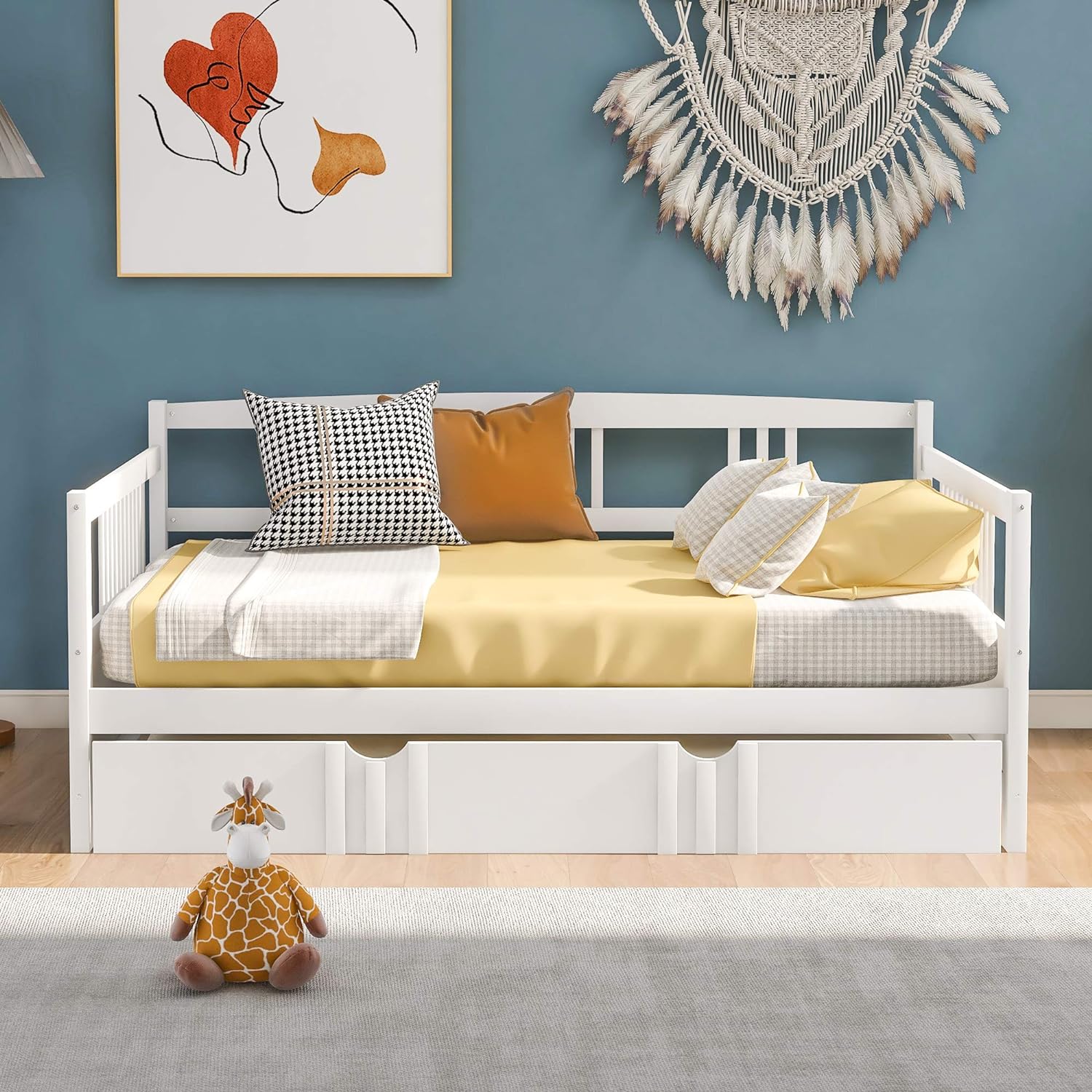 Full Size Daybed Wih Size rudle,Sofa Bed Frame Wih Woode Slas Suppor, o Box Sprig eeded(Whie)