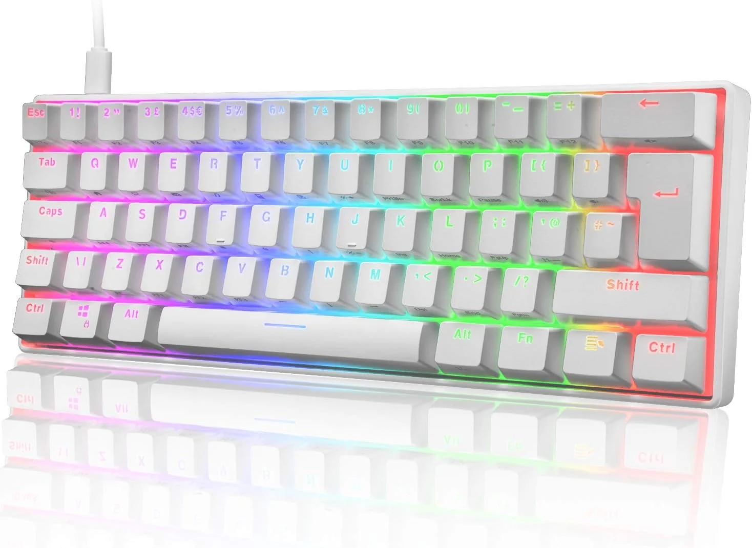 UK Layout 60% True Mechanical Gaming Keyboard Type C Wired 62 Keys LED Backlit USB Waterproof Keyboard 14 Chroma RGB Backlight Full Anti-ghosting Keys for Computer/PC/Laptop/MAC (White/Red Switch)