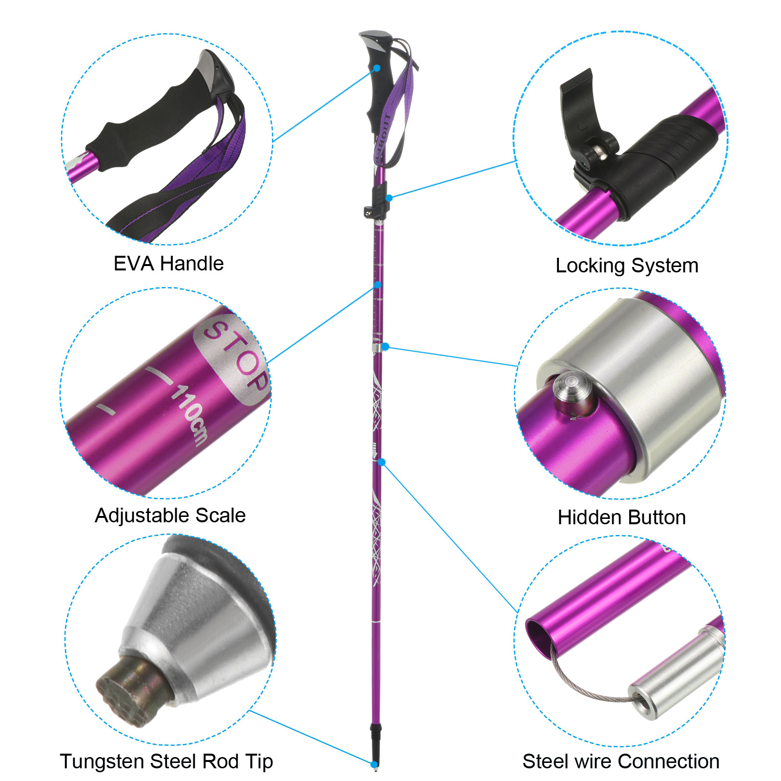 Uxcell Trekking Poles, Collapsible Hiking Pole 43 Inch with Mud Basket, 2 Pack Purple