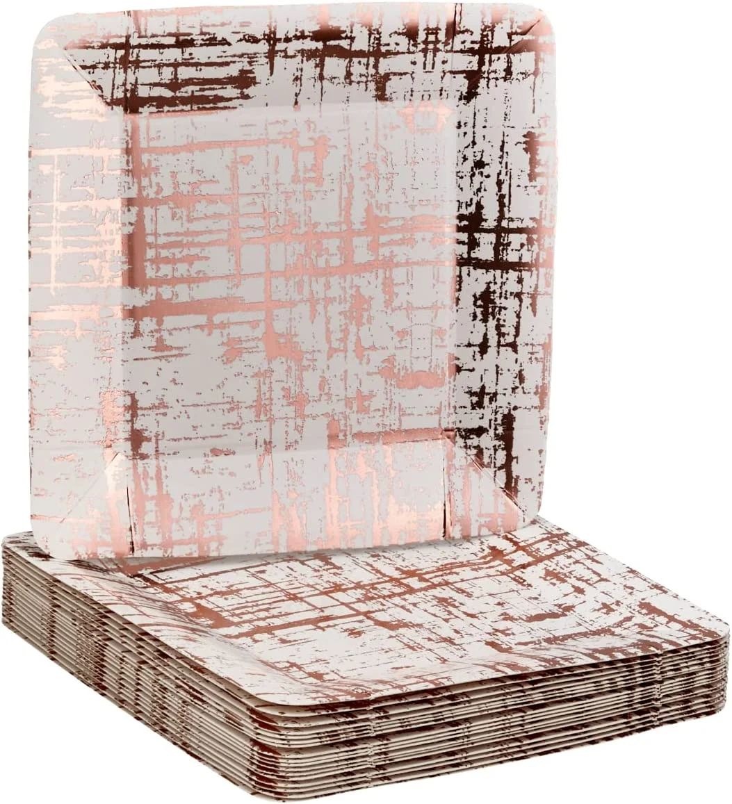 Elegant Square Disposable Plates (18 Pc) Metallic Abstract Print Heavy Duty Paper Plates 10 inch, Disposable Party Dessert Plates for Birthday, Rose Gold Dinnerware Set for Weddings & Events - Arctic