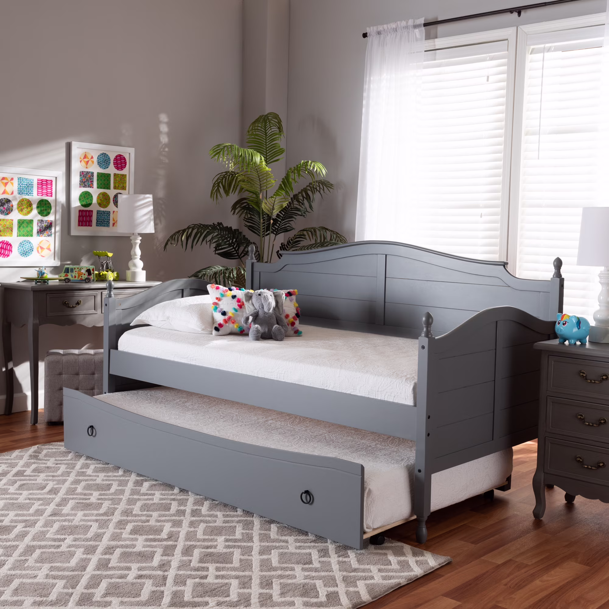 Baxton Studio Mara Cottage Farmhouse Gray Finished Wood Twin Size Daybed with Roll-Out Trundle Bed