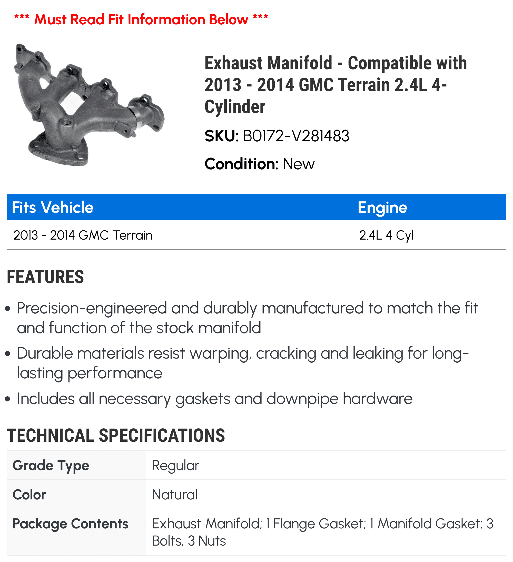 Exhaust Manifold - Compatible with 2013 - 2014 GMC Terrain 2.4L 4-Cylinder