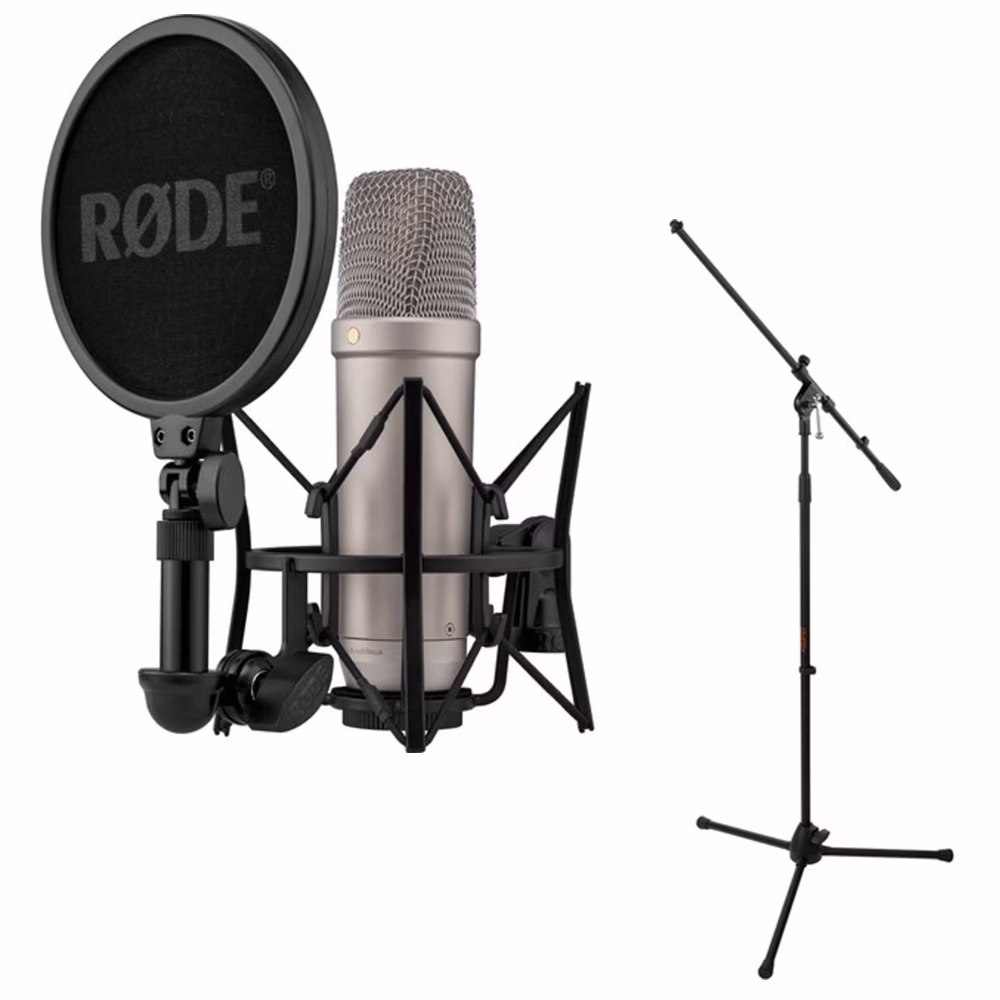 Rode NT1 (Silver)5th Generation Hybrid Studio Condenser Microphone Bundle with Mic Stand with Fixed Boom