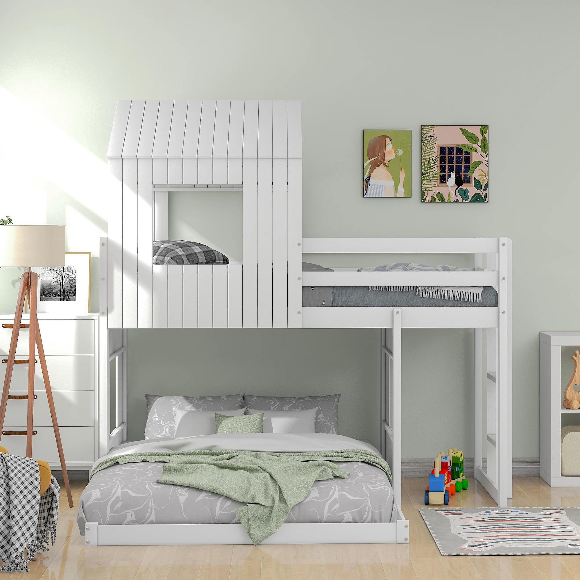 White Wooden Twin Over Full Bunk Bed with Playhouse, Farmhouse, Ladder and Guardrails