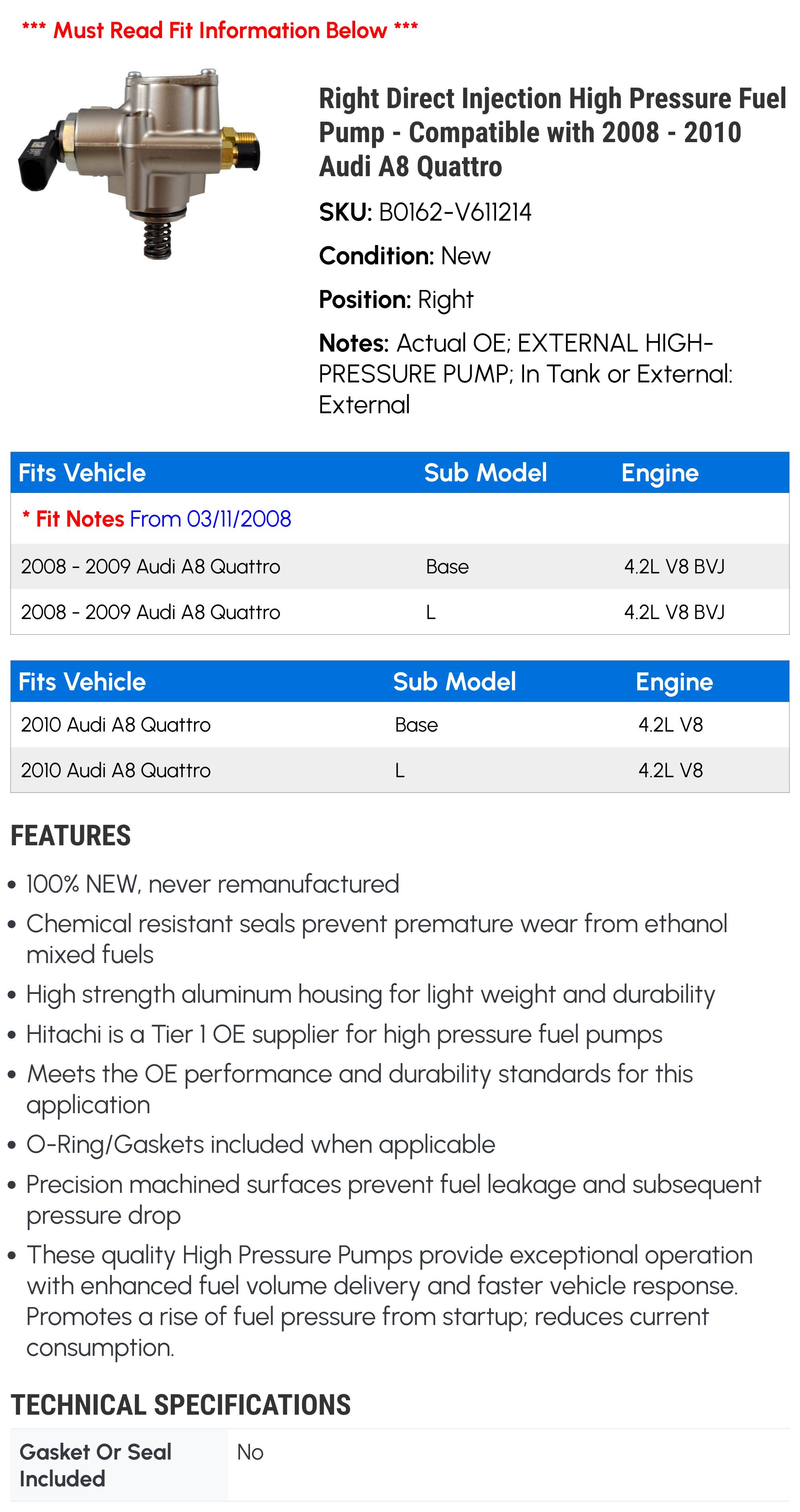 Right Direct Injection High Pressure Fuel Pump - Compatible with 2008 - 2010 Audi A8 Quattro 2009