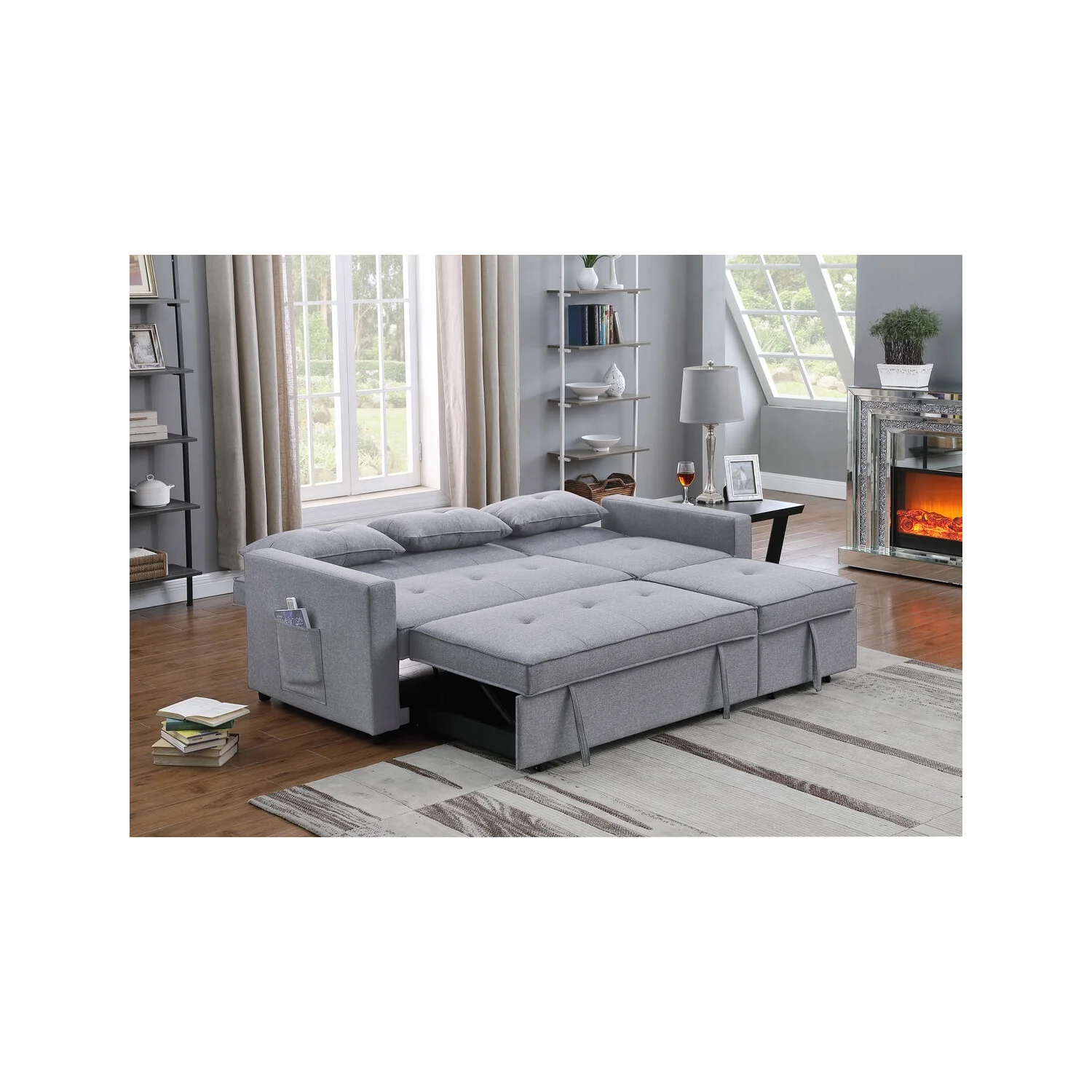 Zoey Light Gray Linen Convertible Sleeper Sofa with Side Pocket