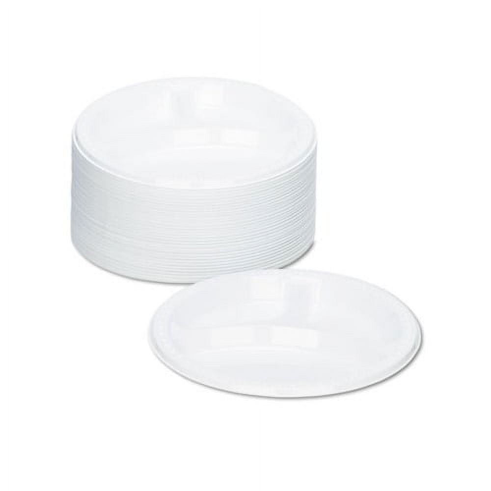 Plastic Dinnerware Compartment Plates, 9" dia, White, 125/Pack