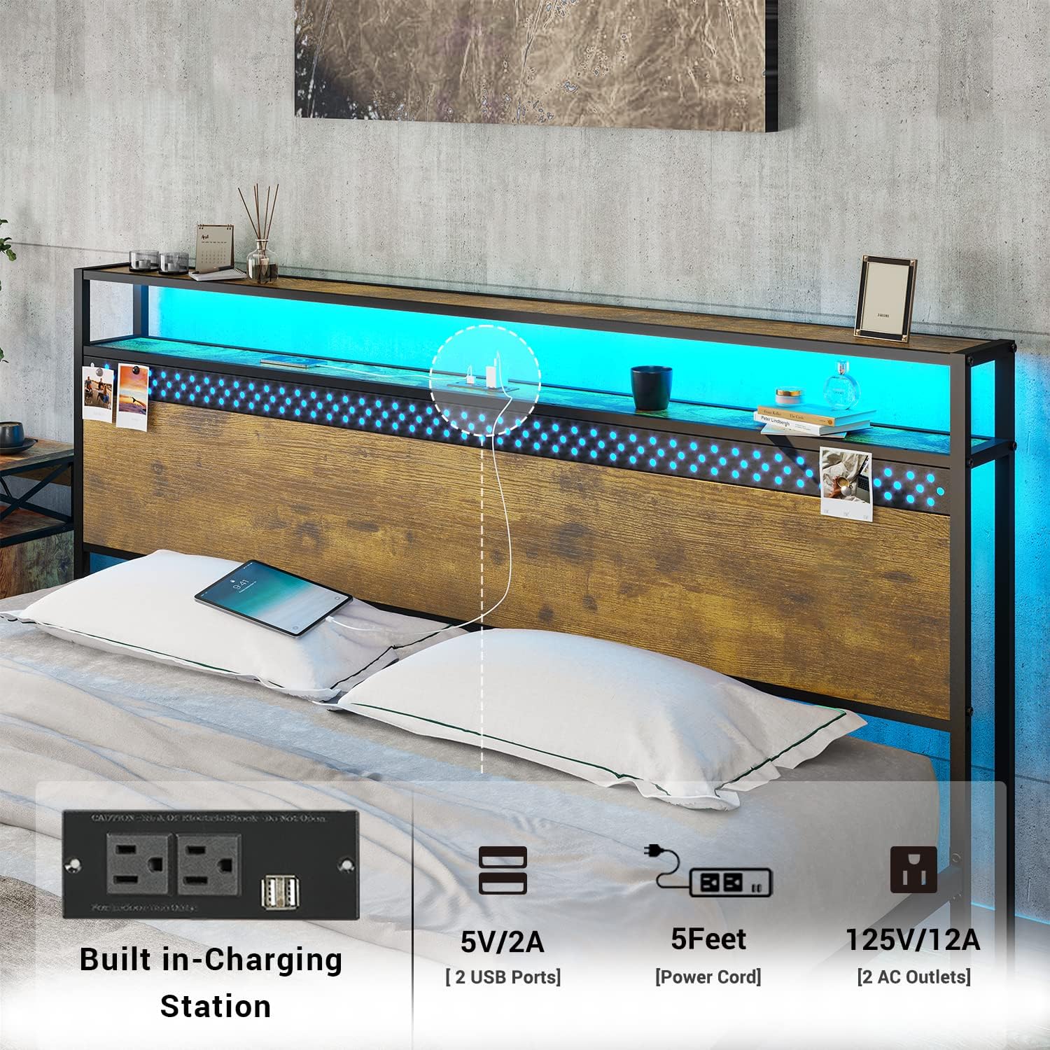 Afuhokles King Bed Frame with USB Ports and Outlets, LED Metal King Platform Bed with 2 Tier Storage Headboard, Vintage Brown