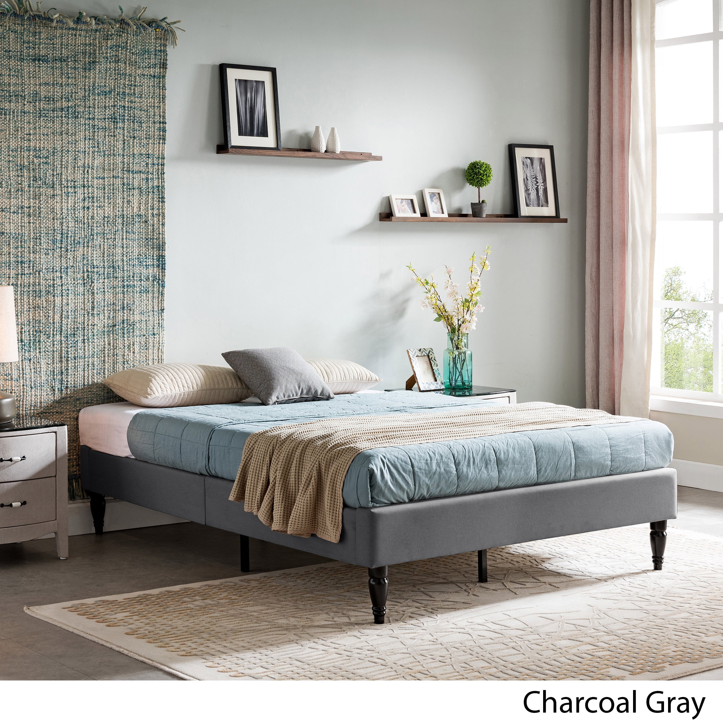 Lowe Contemporary Upholstered Queen Bed Frame with Turned Legs, Charcoal Gray and Black
