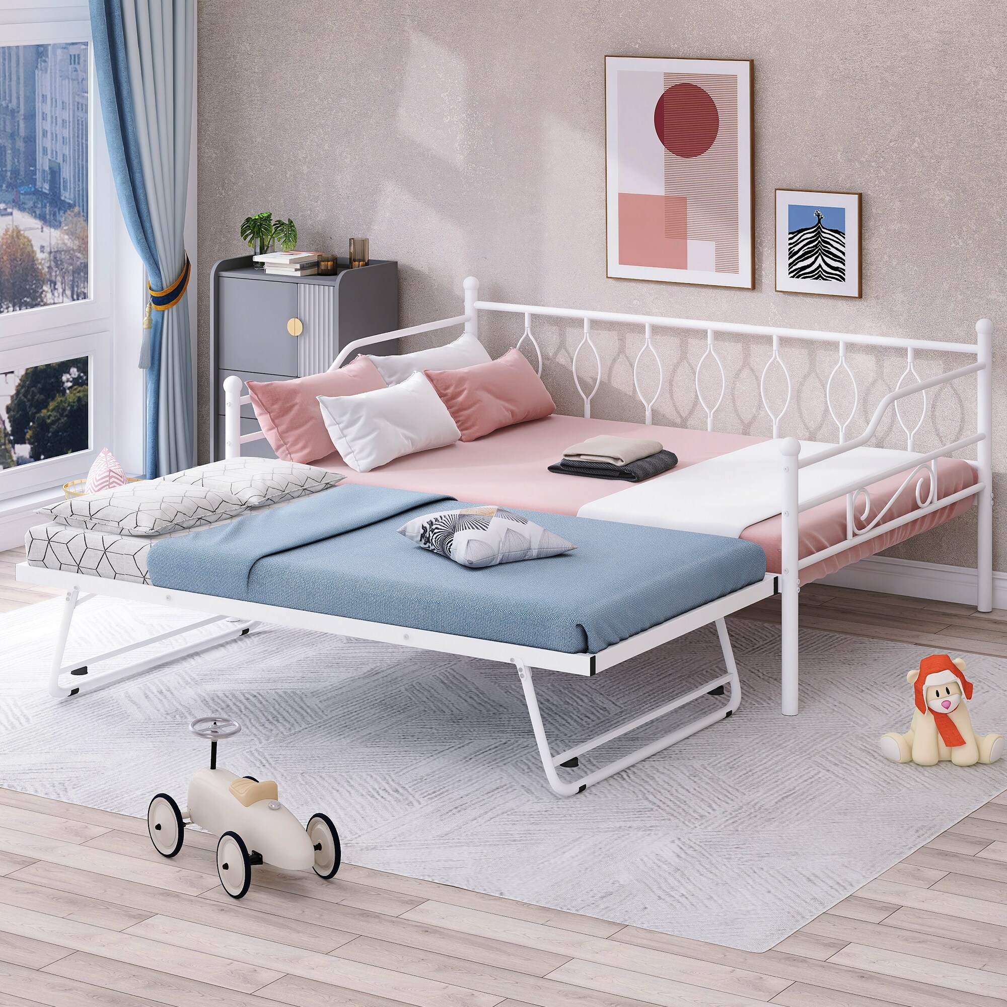 Nestfair  Full Size Metal Daybed with Twin Size Adjustable Trundle White