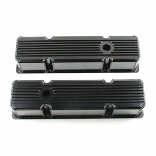Tall Aluminum Finned Valve Cover with Holes for 1958-1987 SBC Fabricated, Black Anodized