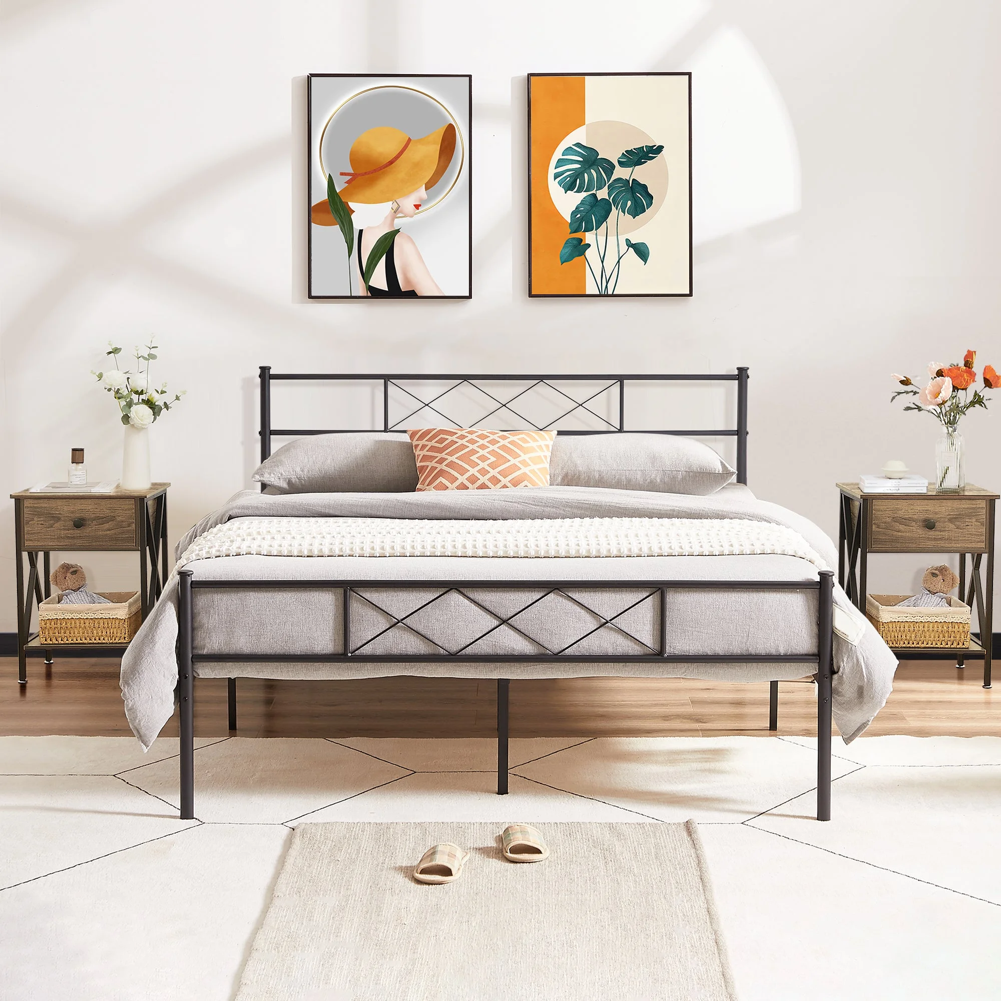 3-Piece Bedroom Sets with Queen Size Metal Platform Bed Frame and 2 Brown Nightstands