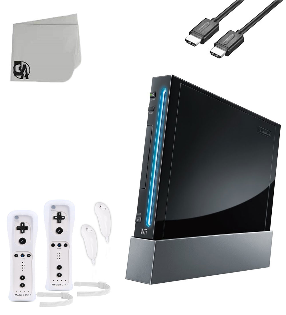 Nintendo Wii Black Gaming Console With 2 White Gaming Controller + HDMI Cable BOLT AXTION Bundle Like New