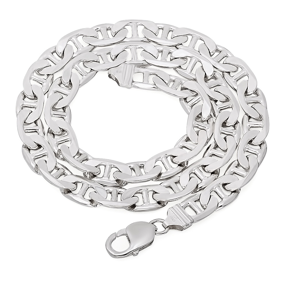9.5mm Solid .925 Sterling Silver Flat Mariner Choker Chain Necklace, 20 inches