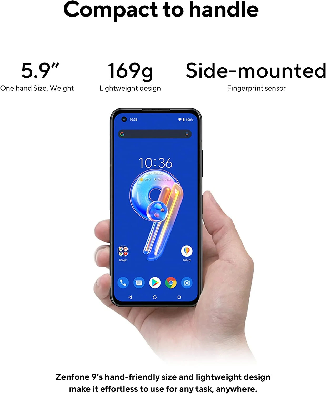 ASUS ZenFone 9, 5.9” FHD+ 2400x1080 AMOLED 120Hz, 50MP/12MP Dual Camera, 8GB, 128GB, 5G LTE Unlocked Dual SIM, White, US Version, AI2202-8G128G-WH