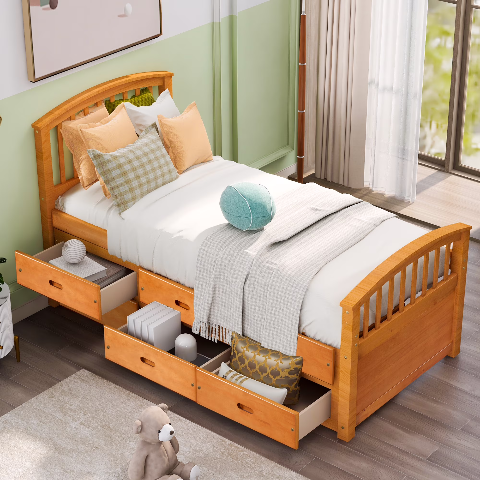 Royard Oaktree Twin Size Platform Bed with 6 Drawers Solid Wood Storage Bed Frame with Headboard and Footboard, No Box Spring Needed, Oak