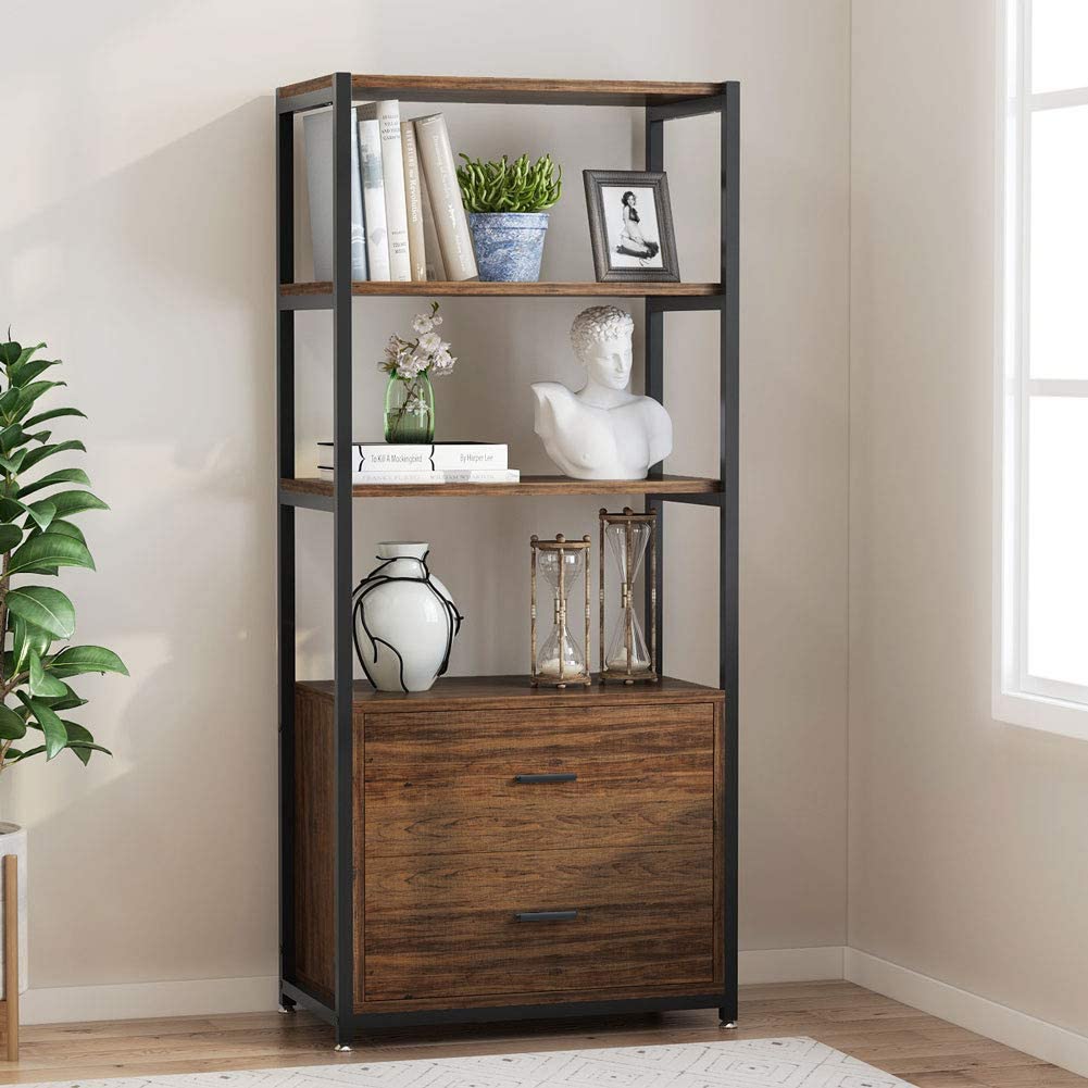 Bookcase with 2 Drawers, Vintage Industrial Etagere Standard Bookshelf in Rustic