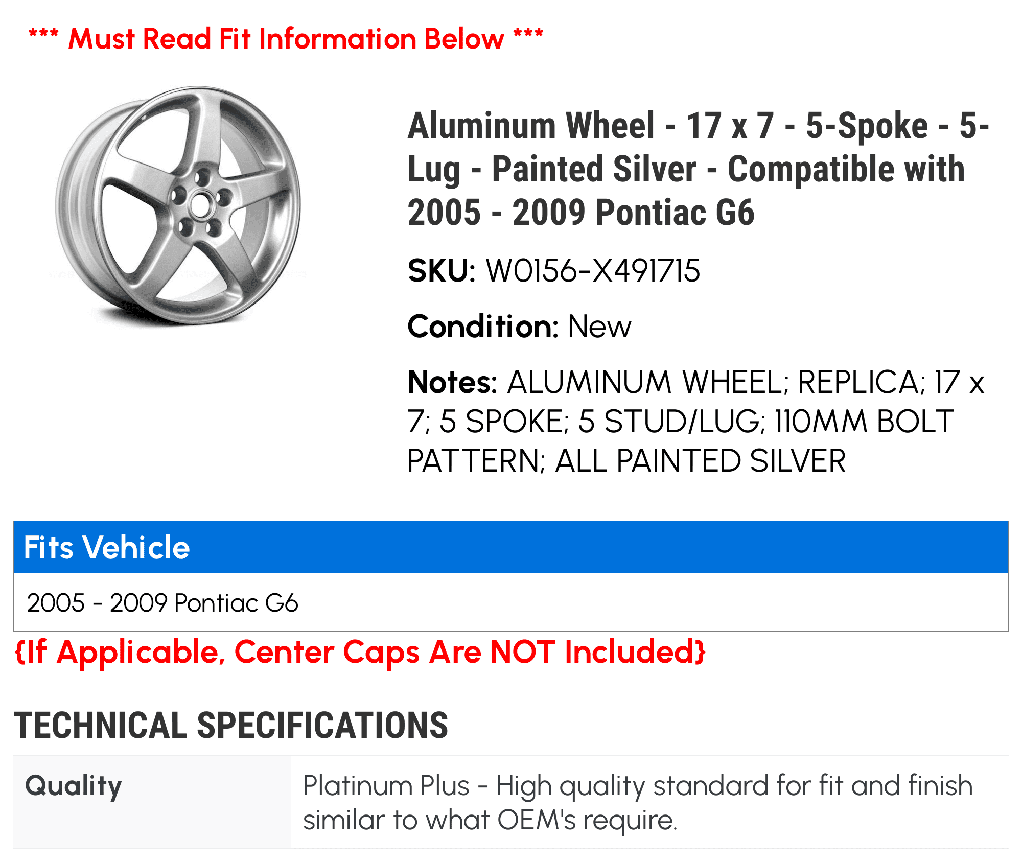 Aluminum Wheel - 17 x 7 - 5-Spoke - 5-Lug - Painted Silver - Compatible with 2005 - 2009 Pontiac G6 2006 2007 2008