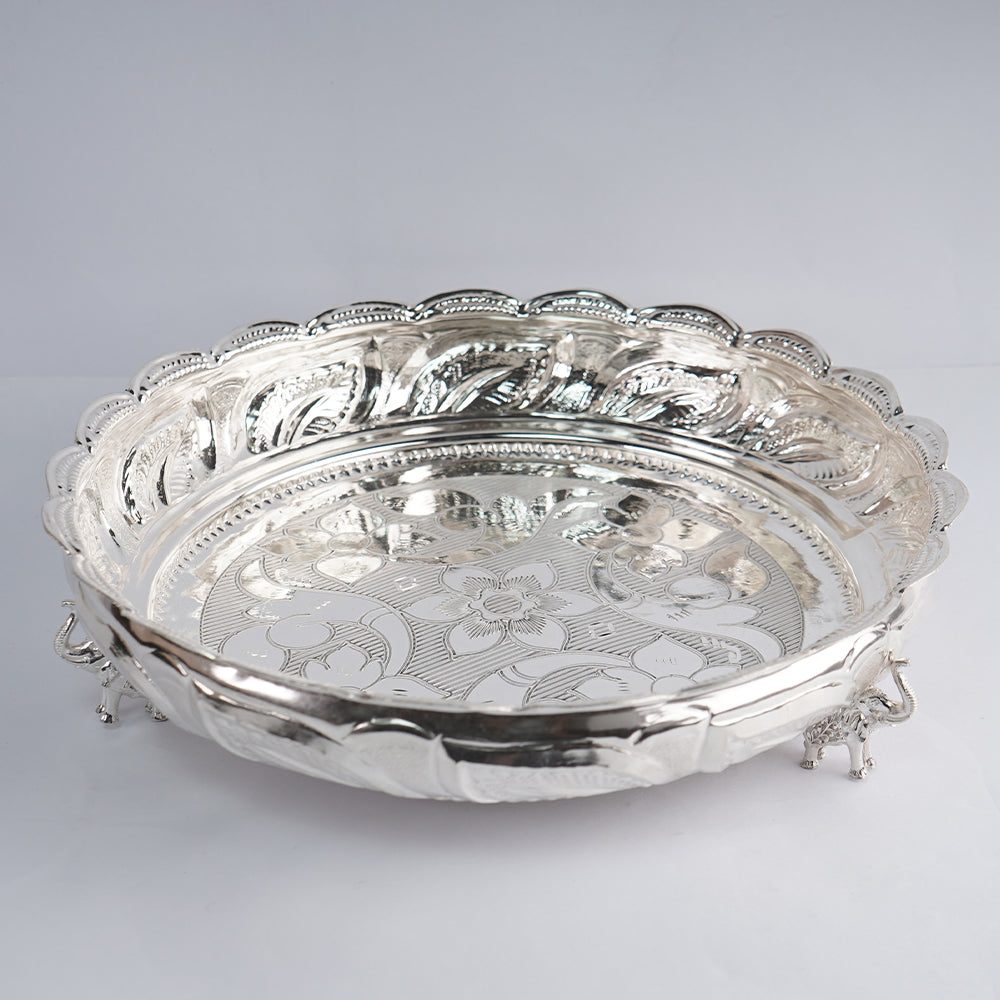 Pure Silver Floral Design Plate 420g, Handmade Solid Silver Plate, Idols Puja Prasadam (Foods) Plates Puja Article, Silver Gifting Utensils