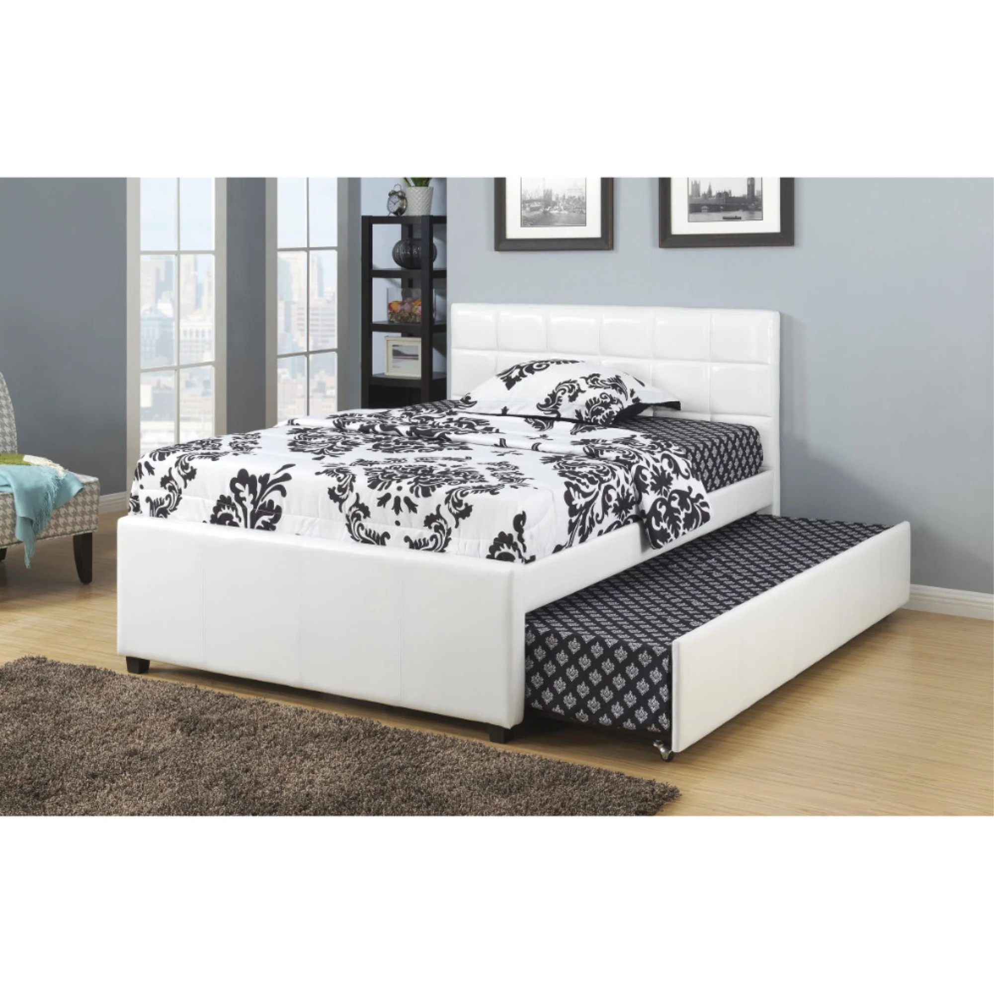 Multi utility Twin Bed With Trundle Squ Tufted Head Boards White