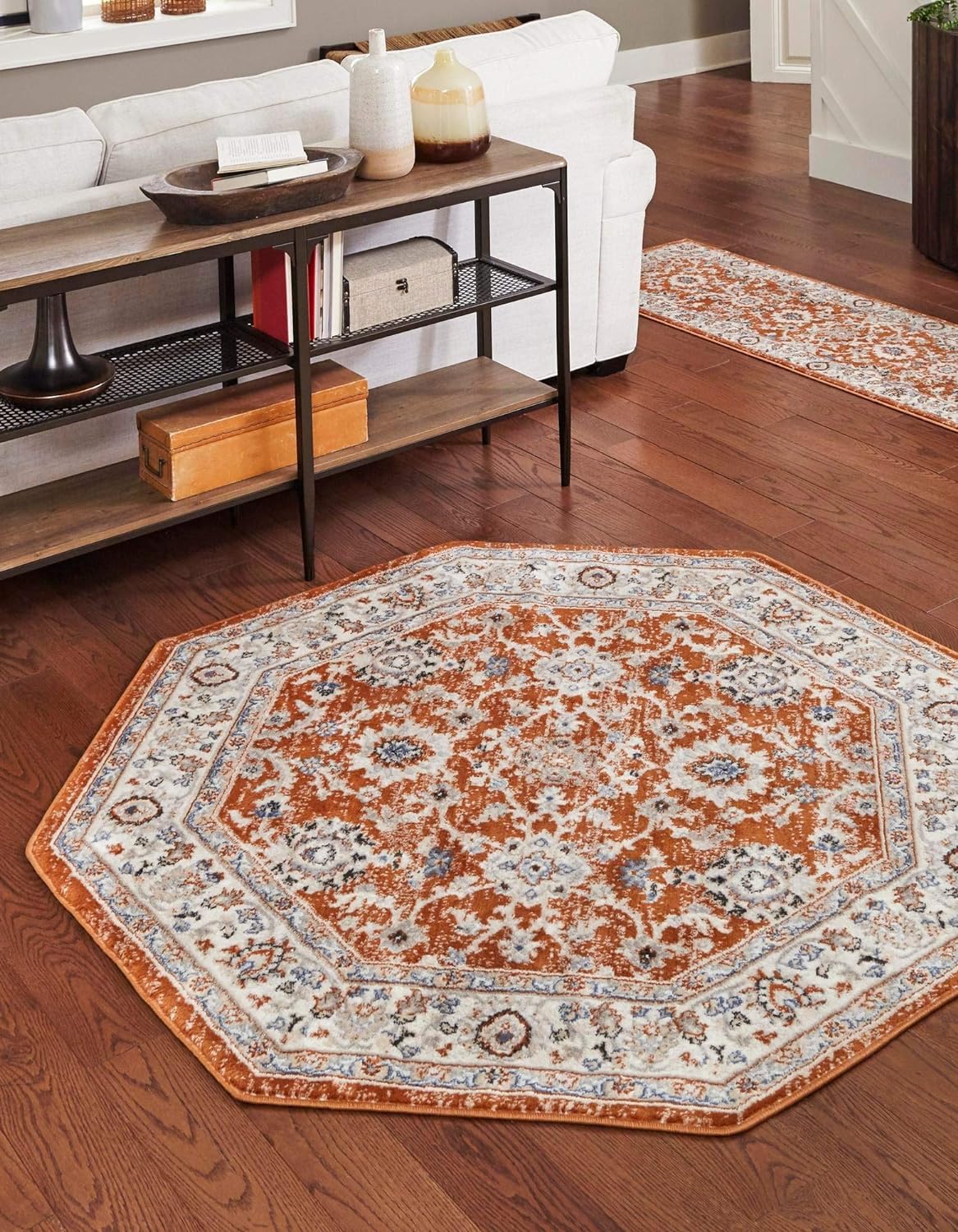 Charlotte Collection Rug – 8 Ft Octagon Rust Red Low-Pile Rug Perfect For Living Rooms, Kitchens, Entryways