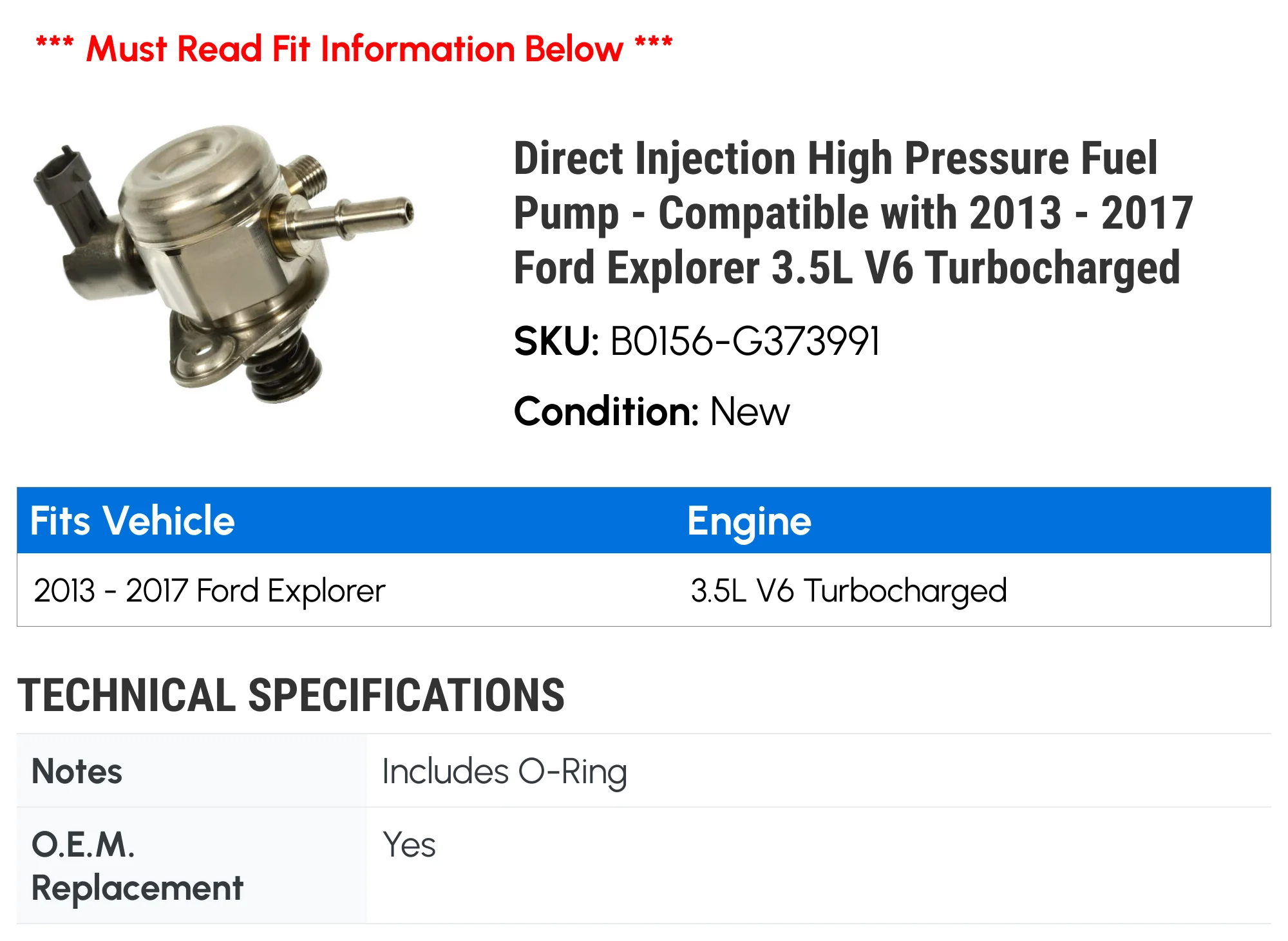 Direct Injection High Pressure Fuel Pump - Compatible with 2013 - 2017 Ford Explorer 3.5L V6 Turbocharged 2014 2015 2016