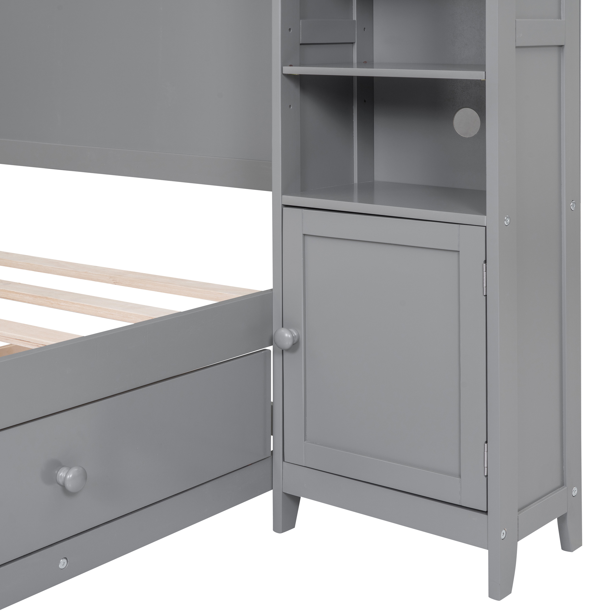 Dawn Whisper Full Size Wooden Bed With All-in-One Cabinet and Shelf, Gray
