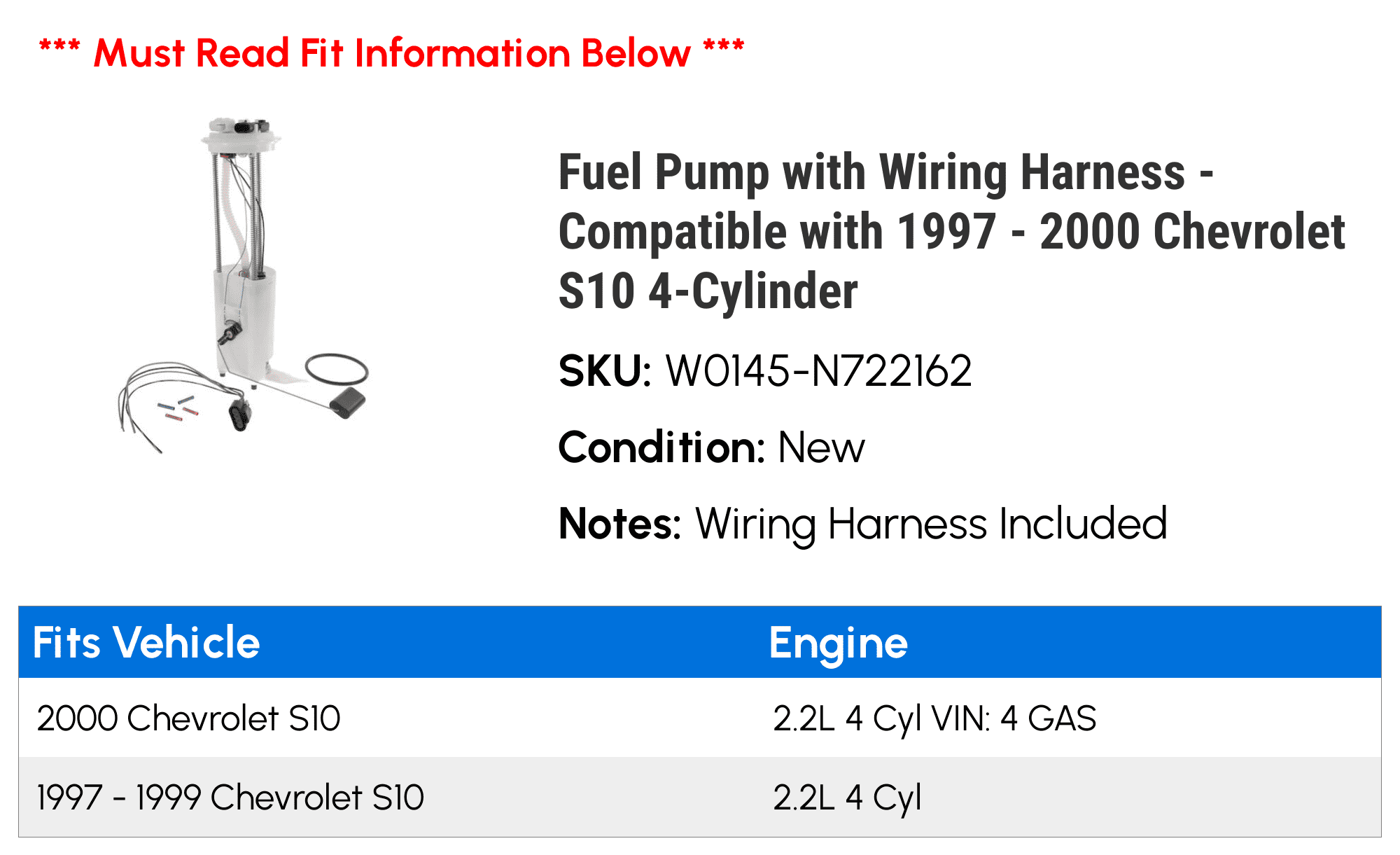 Fuel Pump with Wiring Harness - Compatible with 1997 - 2000 Chevy S10 4-Cylinder 1998 1999