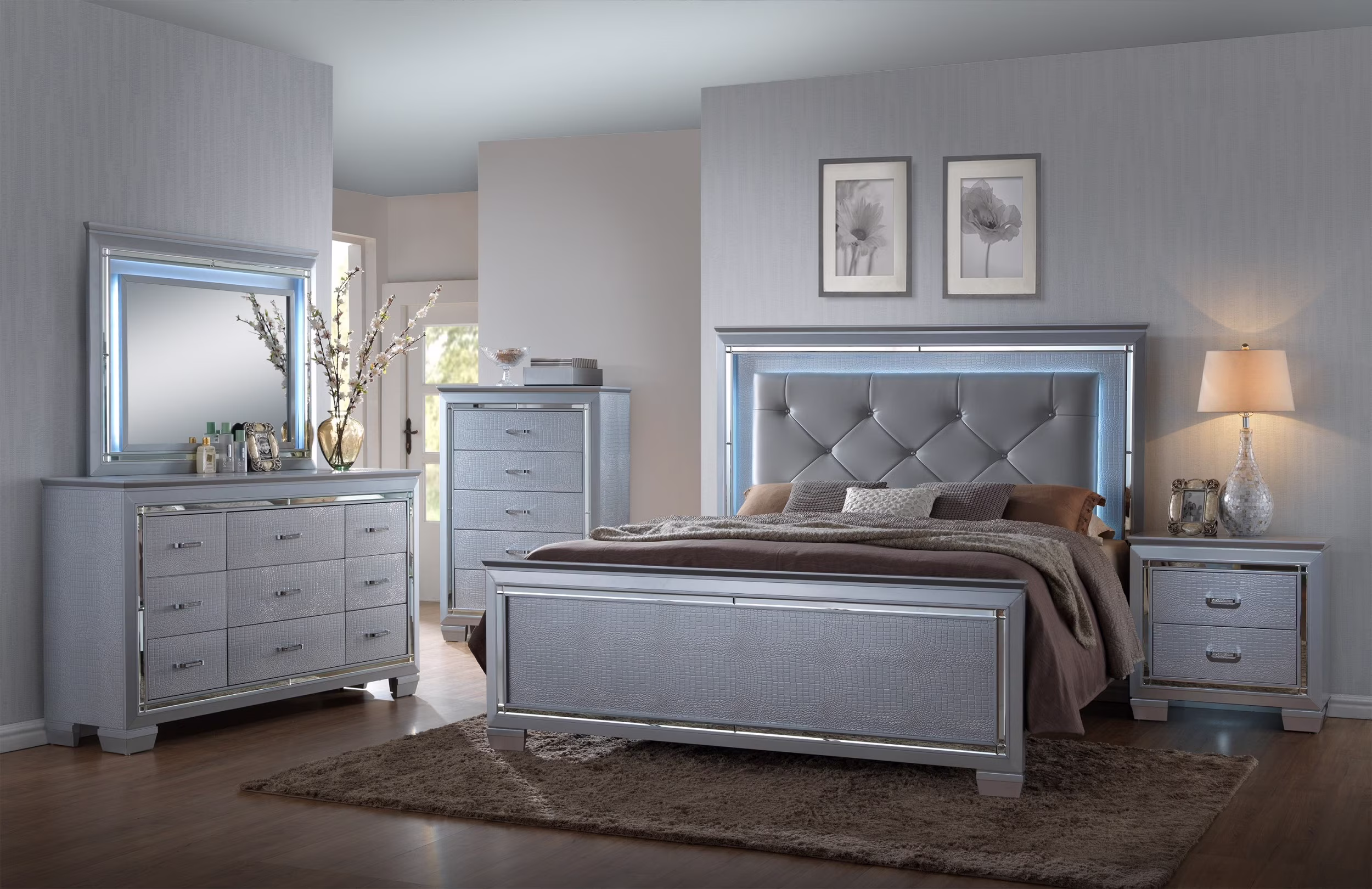 Contemporary Silver Finish 4pc King Size LED Backlit Upholstered HB Bed and Storage Dresser Mirror Nightstand Wooden Bedroom Furniture Set