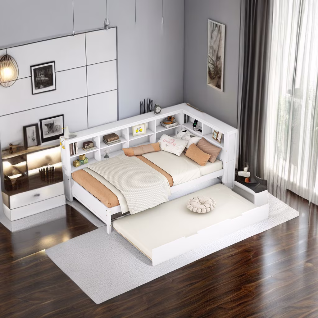 Twin Size DayBed with Twin Size Trundle, Wooden Captain Platform Bed with Storage Shelf and USB Charging Ports, Low Floor Bed for Kids Teens Adult Bedroom