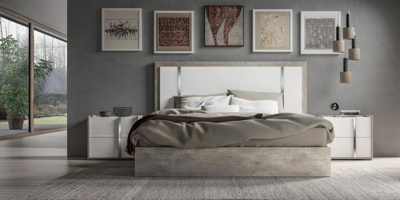 White & Grey Eco Stone King Bed & 2 Nightstands Modern Made in Italy Soflex Trevis