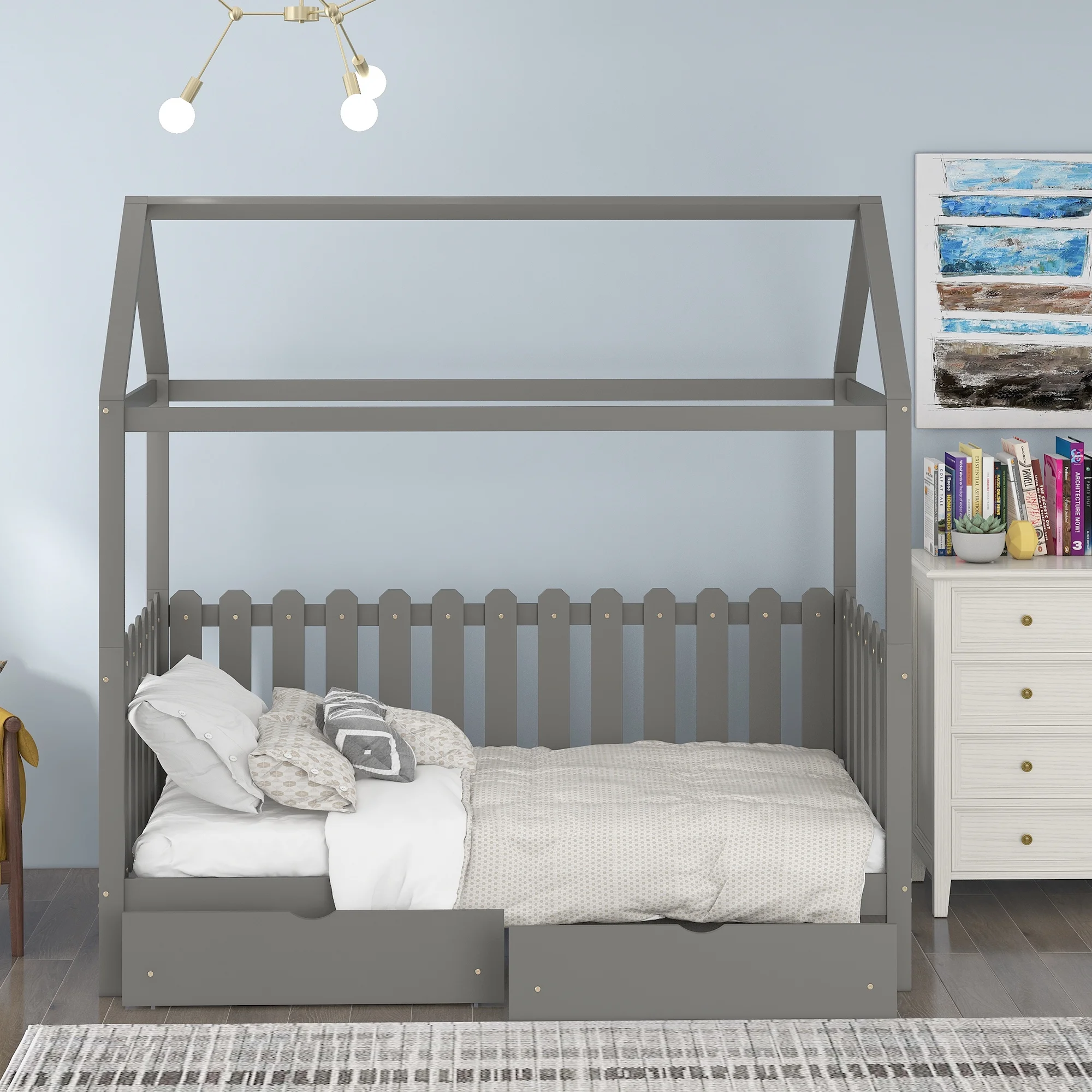 Euroco Pine Twin Wood House-Shaped Bed with Drawers for Kids, Gray