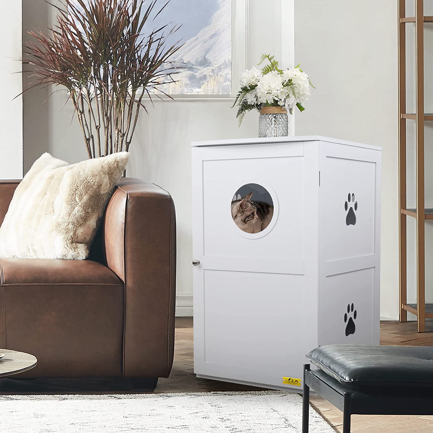 Vivifying 2-Tier Functional Wood Cat Washroom Litter Box Cover with Multiple Vents, a Round Entrance, Openable Door, White