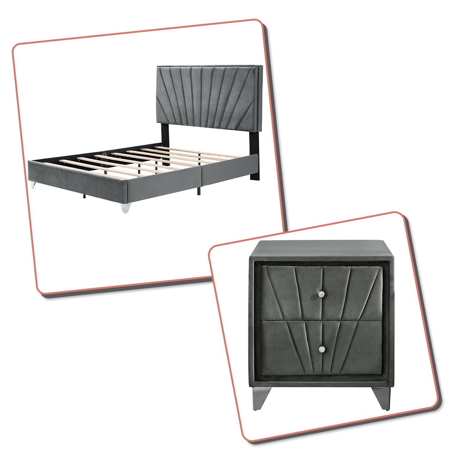 Elegant Stylish Full Size Velvet Fabric Upholstered Platform Bed Frame with Two Nightstands, Gray