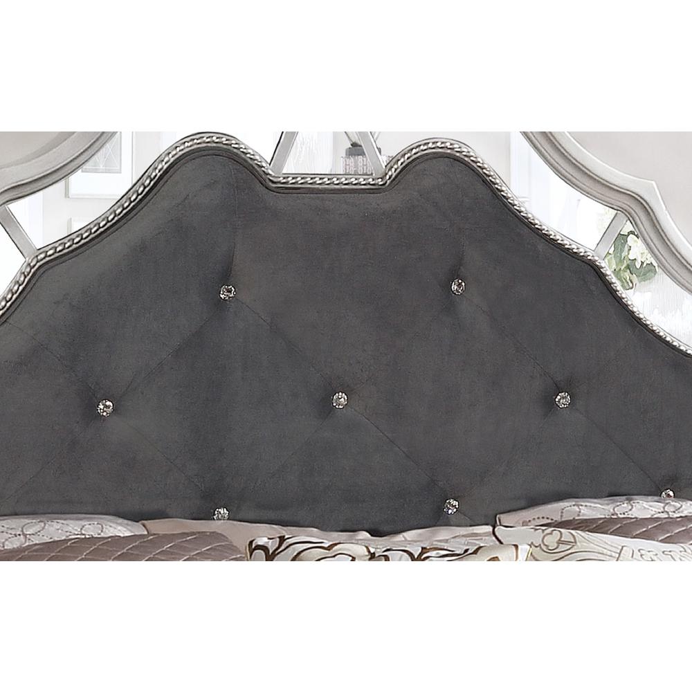 Elegant Metallic Gray Velvet Panel Bed with Mirror Details in Eastern King