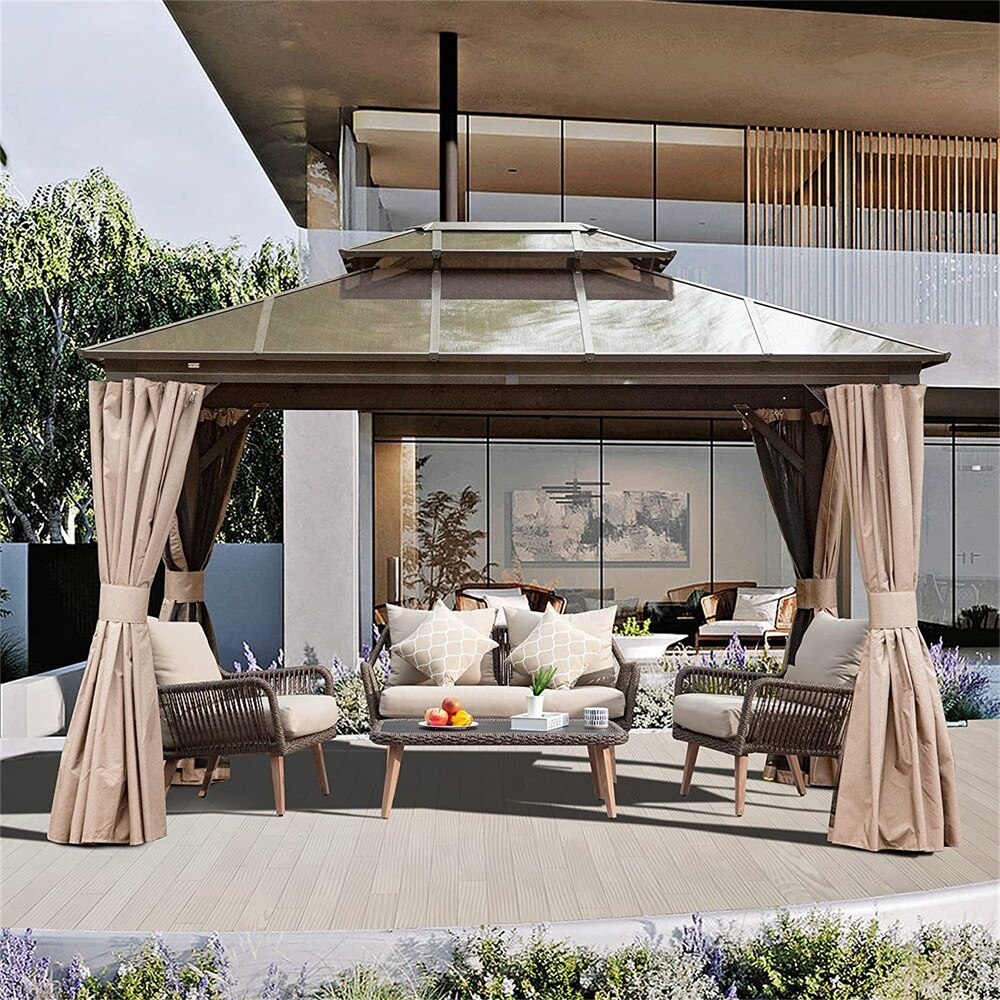 BESTCOSTY 10'x12' Outdoor Gazebo with Polycarbonate Double Roof, Curtain and Net
