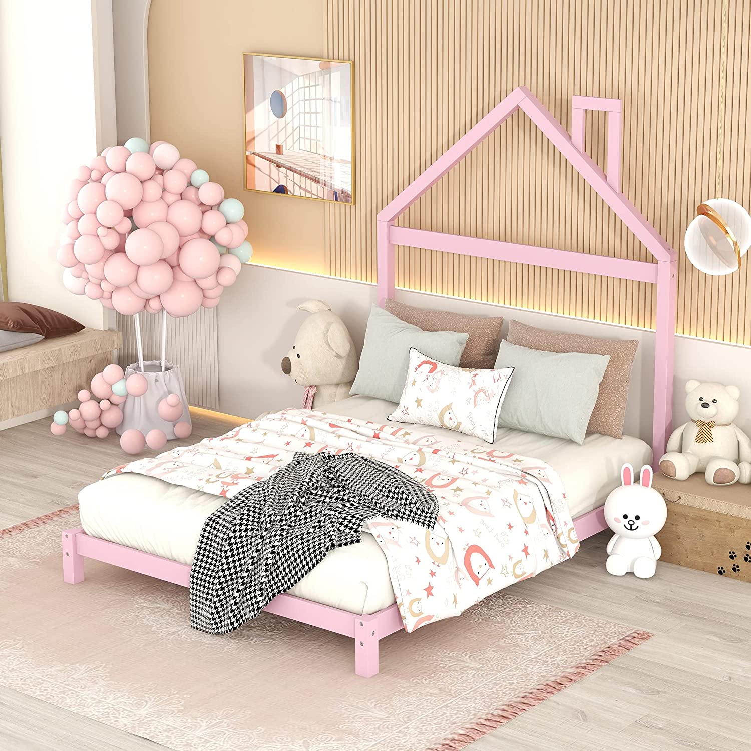 Full Bed Frame For Kids, Wood Plaform Bed Wih House Shape Headboard, Low Full Size Bed For Girls Boys, o Box Sprig eeded,