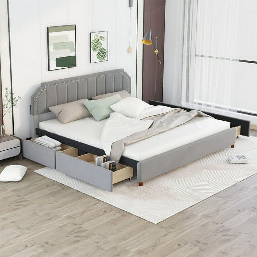 Churanty King Size Gray Velvet Upholstery Platform Bed with Four Storage Drawers, Headboard and Support Legs